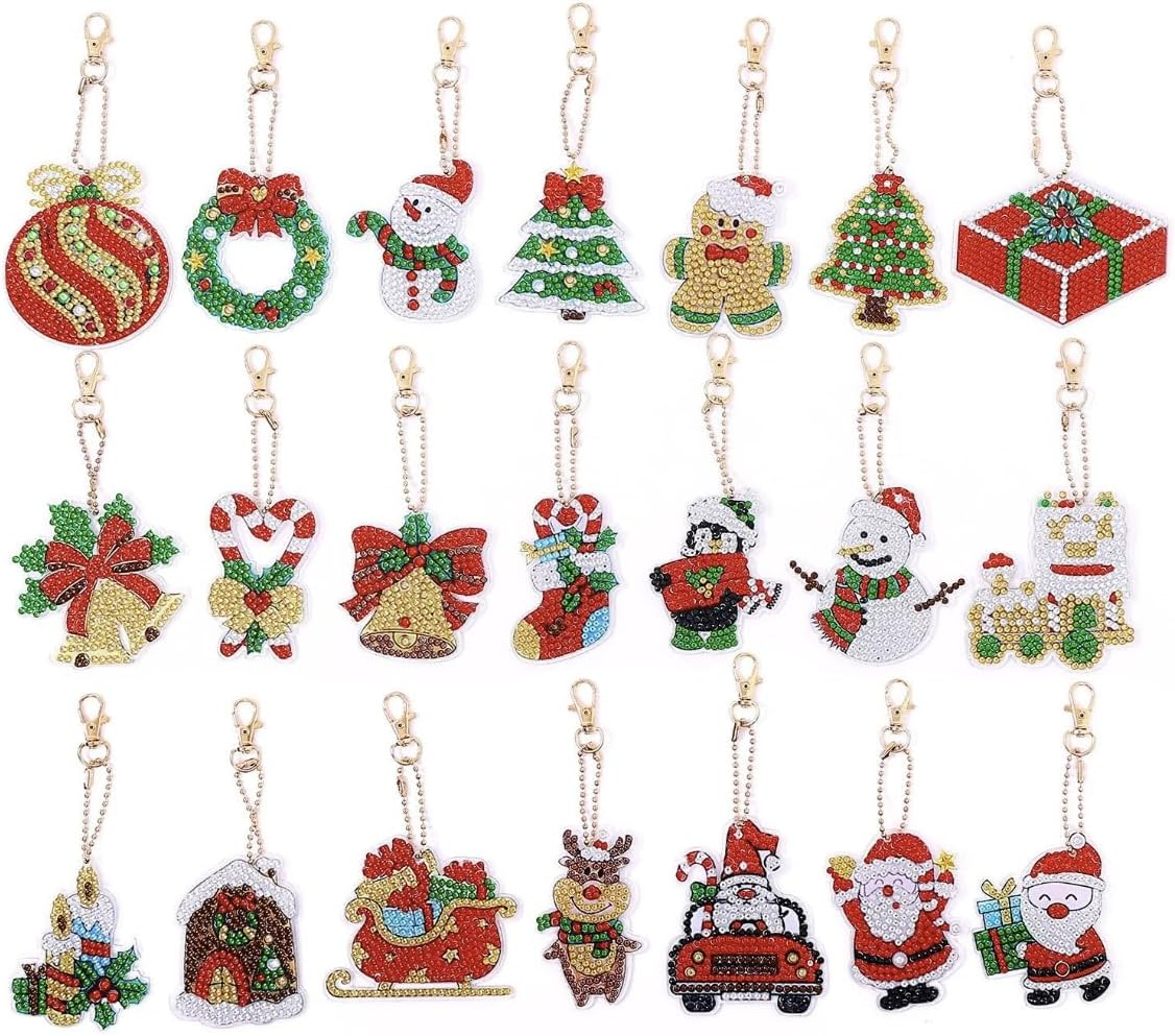 Syntego 5D DIY Assorted Diamond Painting Keyrings Rhinestone Craft Keychain, Gifts, Phone, Bag, (21Pc Christmas)