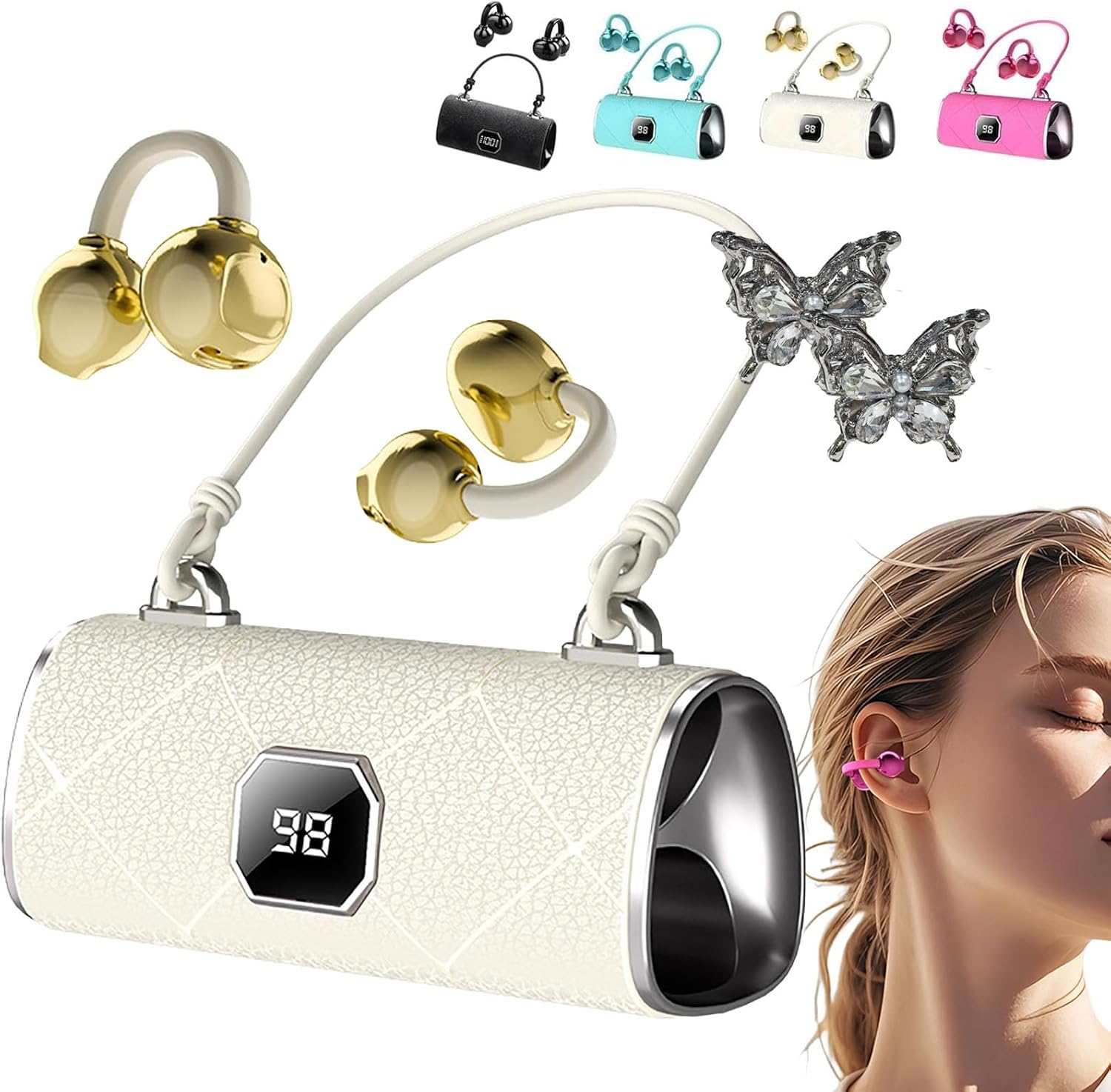 Fashionable Clip-On Wireless Headphones, X22 Clip on Wireless Headphones, Ear Cliheadset with LED HD Display, Ipx5 Waterproof Open Ear Bluetooth Earbuds (White with Decor) - Blue image number 7