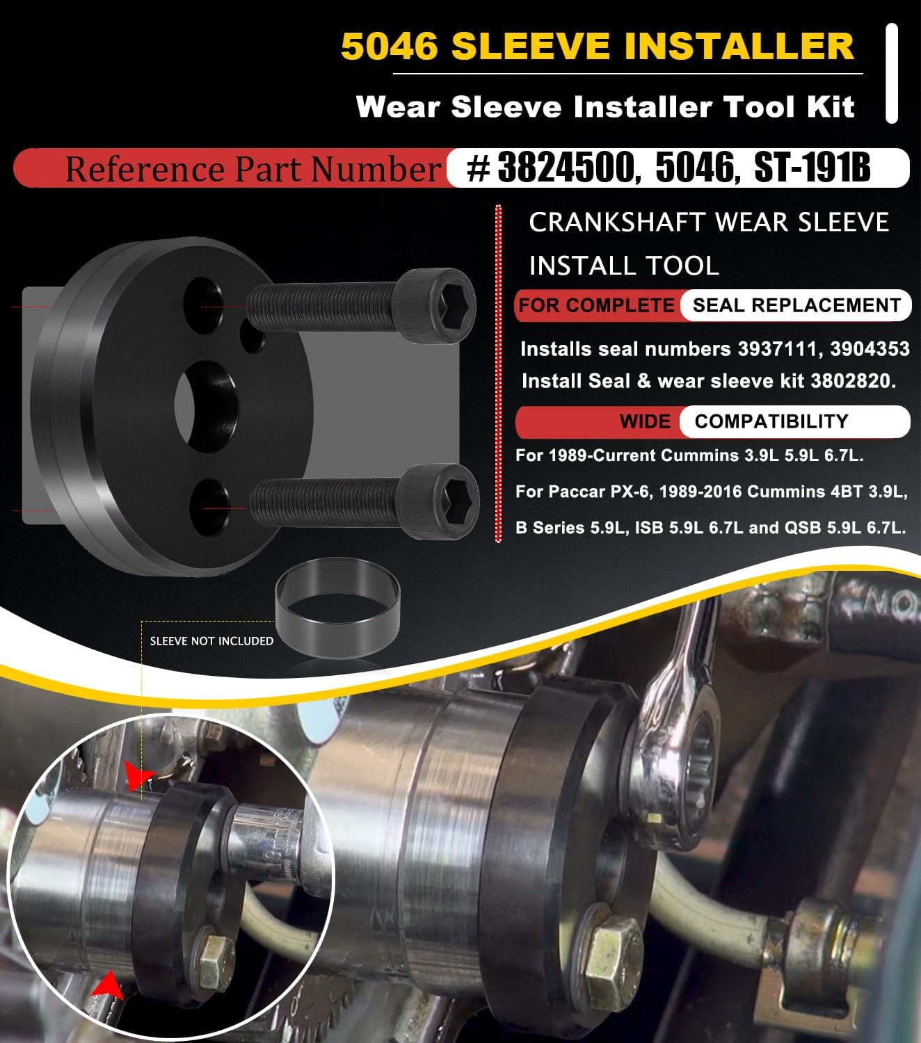 1338 Front Cover Crankshaft Seal Installer &5046 Wear Sleeve Installer Tool Kit for Dodge Cummins 3.9L 5.9L 6.7L Replace OE 1338/3824498, 5046/3824500 image number 2