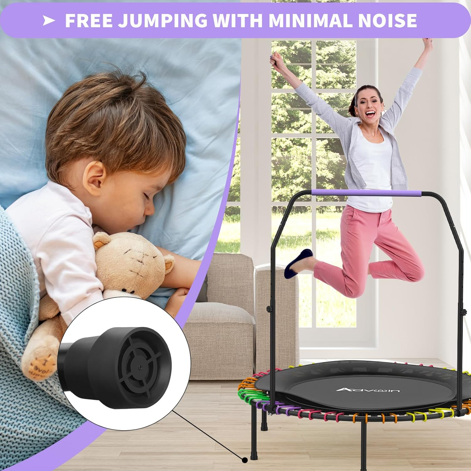 ADVWIN Mini Trampoline Rebounder 40"/48" Foldable Fitness Trampoline for Adults and Kids Max Load 150Kg - 48 Inch image number 5