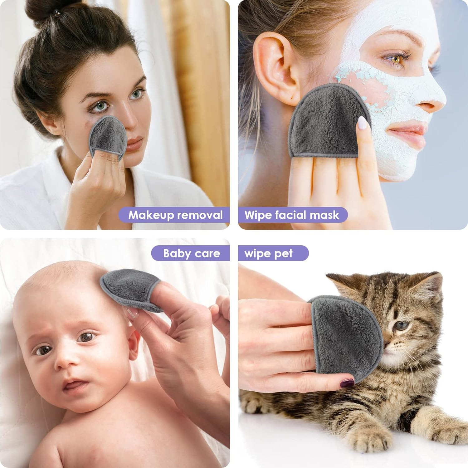 Sunland 16 Pack Reusable Makeup Remover Pads Microfiber Facial Cleansing Pads Washable Face Wipe Rounds with Laundry Bag Grey