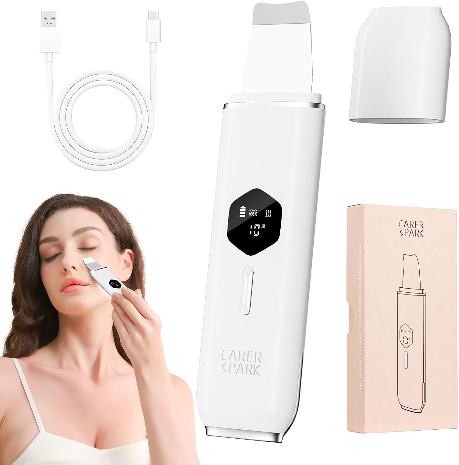 CARER SPARK Skin Scrubber Ultrasonic Exfoliator for Face Blackhead Remover with 4 Modes LED Display, 10 Minutes Auto Shut-Off for Deep Cleaning, Blackhead Removal, USB Charging image number 3