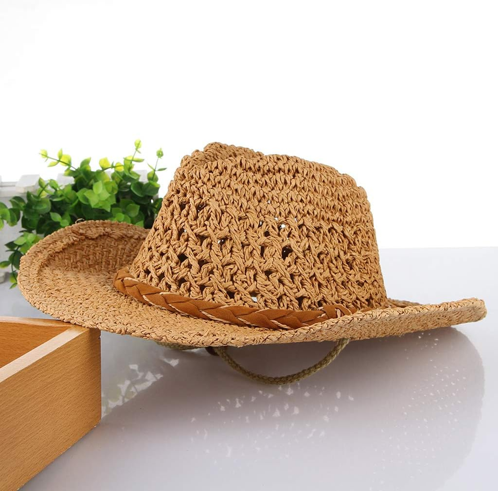 F Fityle Unisex Mens Womens Boys Girls Sun Hat Wide Brim Woven Western Straw Cowboy Hat - Khaki, Adult image number 3