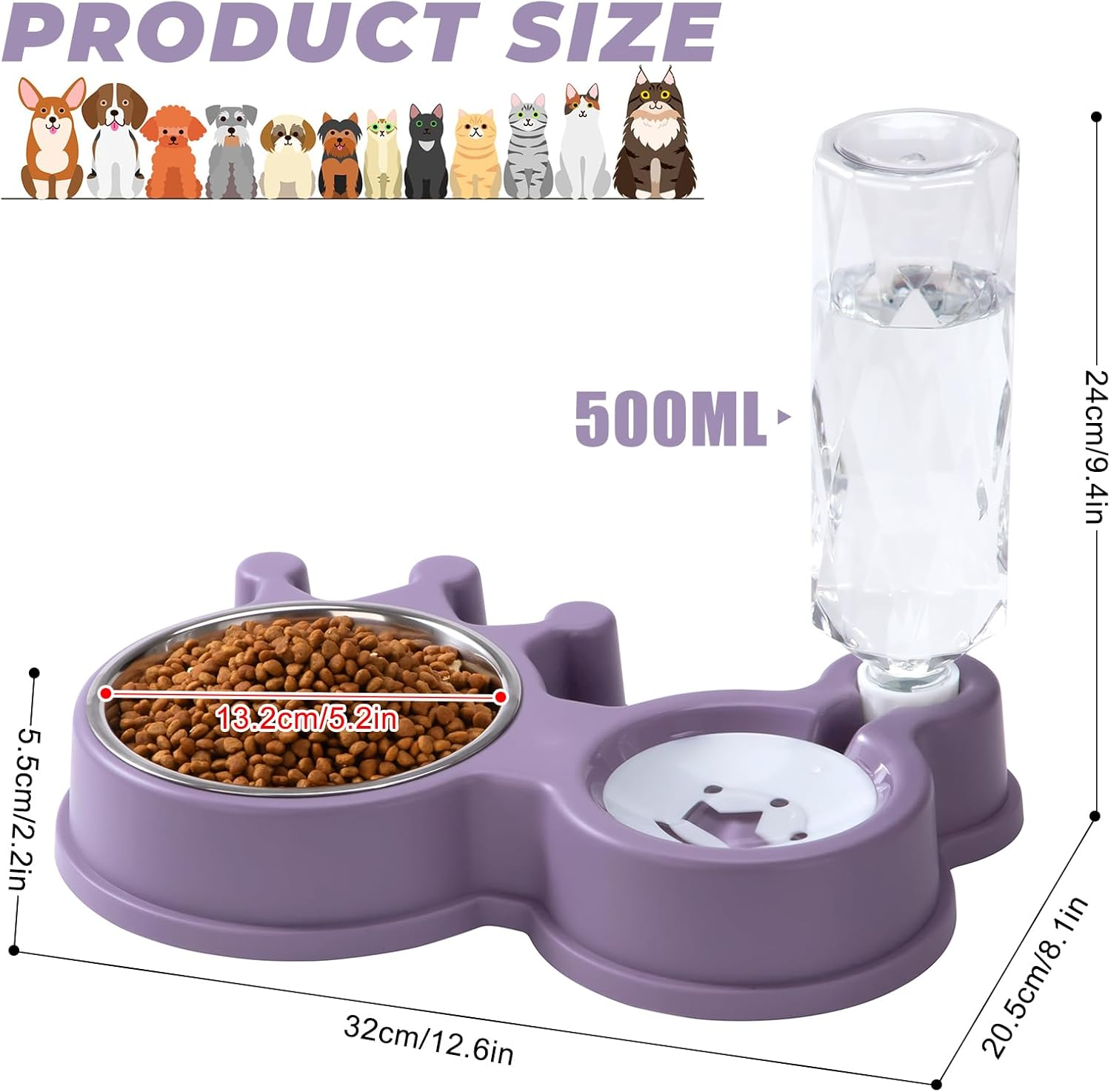 Cat Feeding Bowl with Automatic Water Bottle, Non-Slip Cat Bowl Set, 2 in 1 Cat Food Bowls with Mat for Small and Medium Dogs and Cats, 32 X 20.5 X 5.5 Cm image number 5