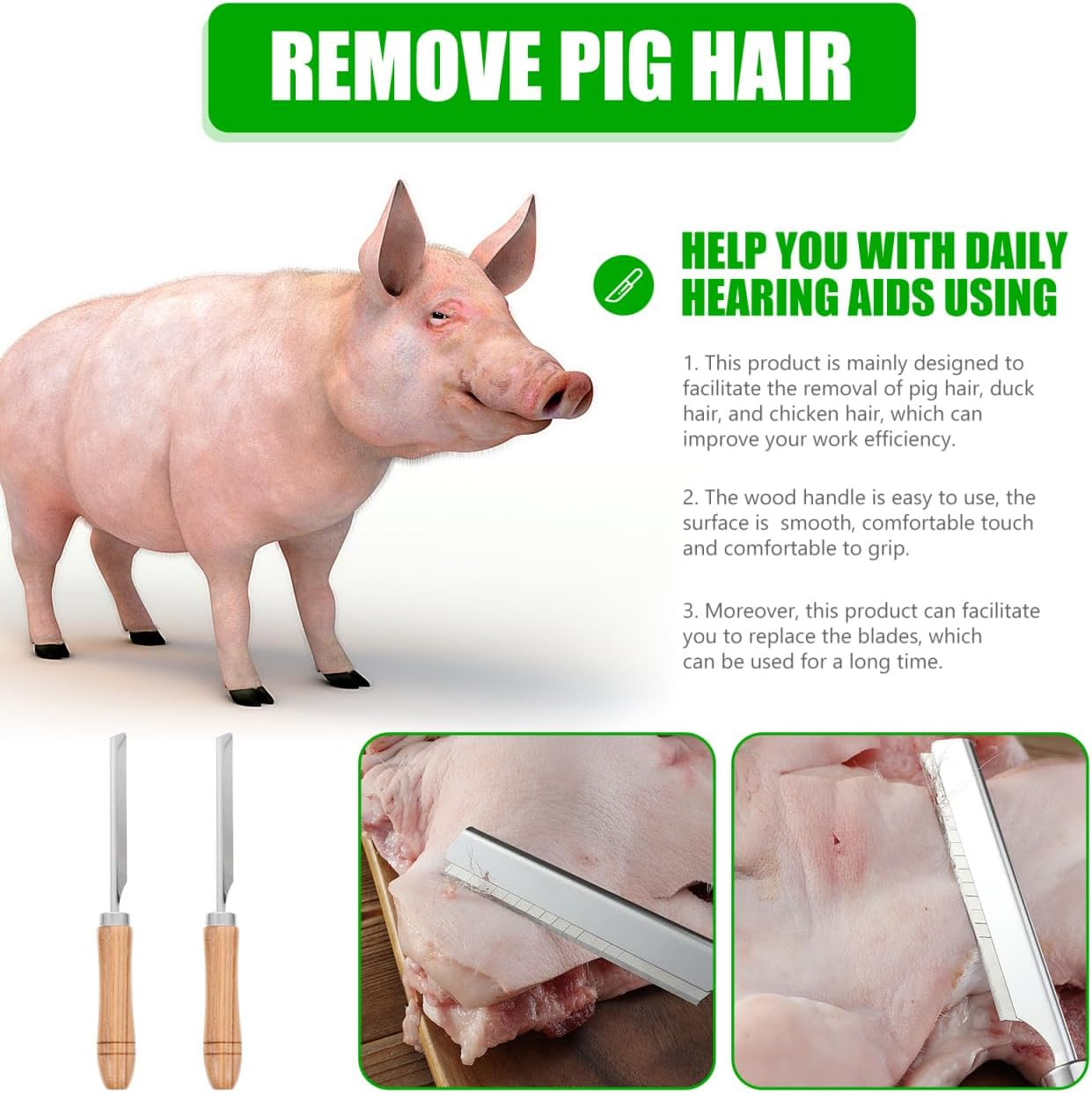 UPKOCH 2Pcs Stainless Steel Pig Hair Remover Racks with Wood Handle - Manual Pork Hair Scraper for Slaughter Factory and Farm, Fits 4.13 X 0.75In Blades (Blade Not Included) image number 1