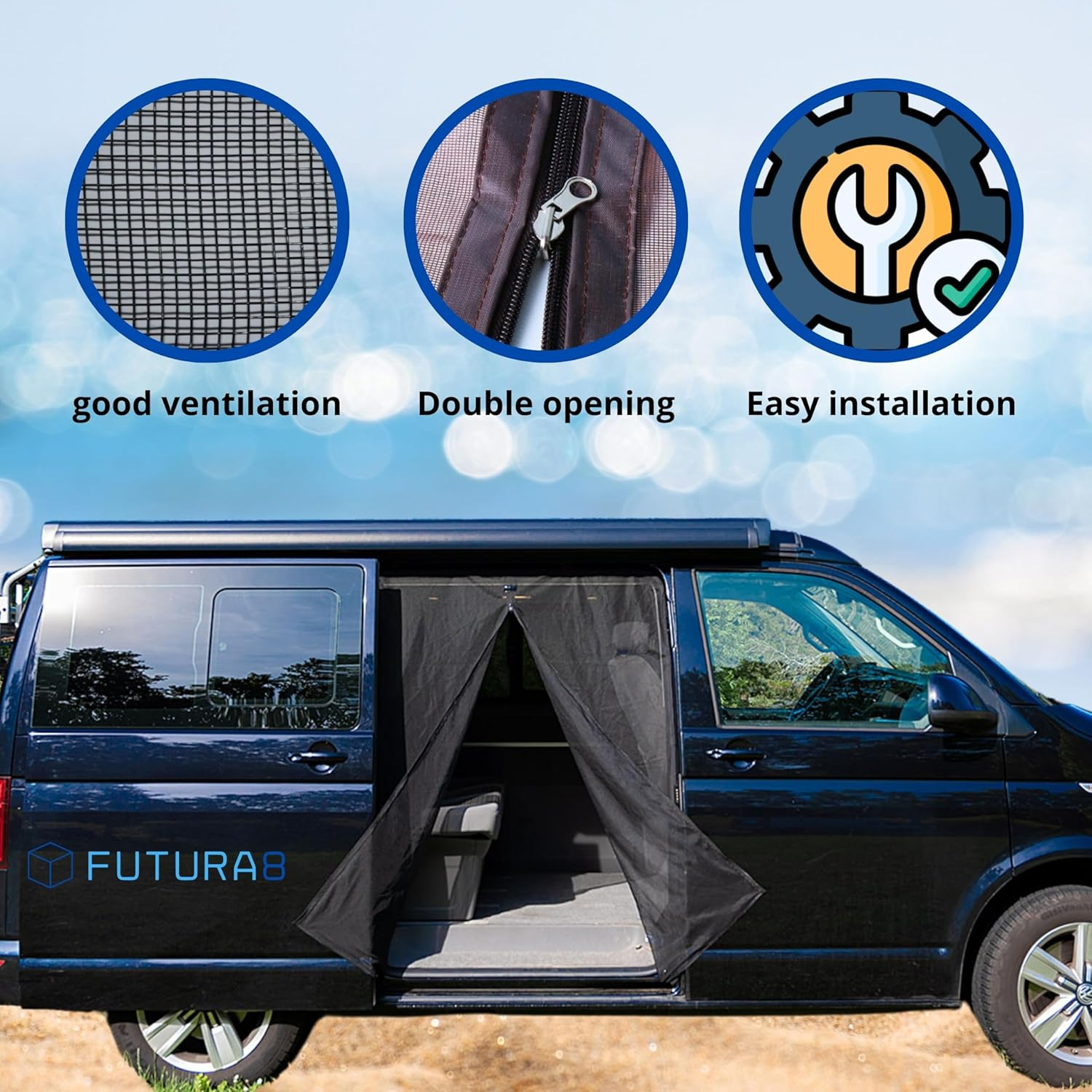 FUTURA8 Mosquito Net Van Camper Compatible VW T5, VW T6 - Magnetic Door Mosquito Net, Camper Van Accessories, Camper Van Accessories, Mosquito Net Curtain Exterior Door, Mosquito Nets image number 5