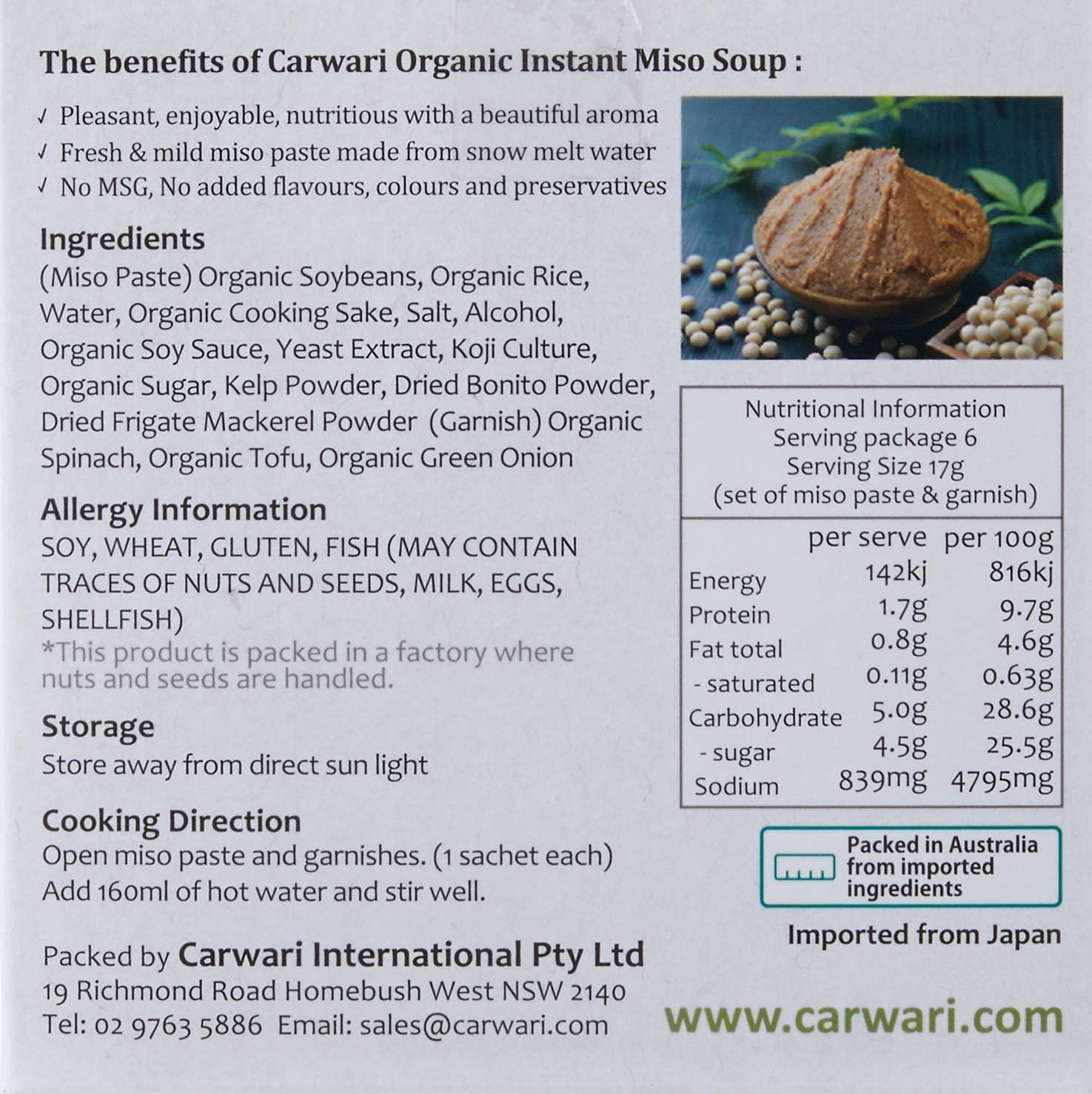 Carwari Organic Instant Miso Soup 102G image number 1