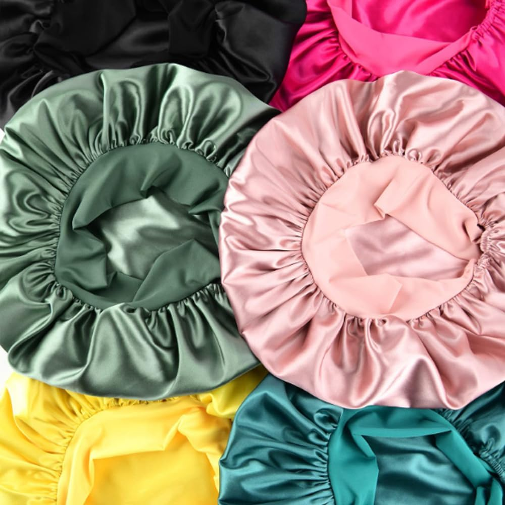 Satin Bonnet Silk Bonnet for Sleeping Silk Sleep Cap Double Layer Hair Bonnet with Elastic Tie Band for Curly Hair Night Cap Pink image number 1