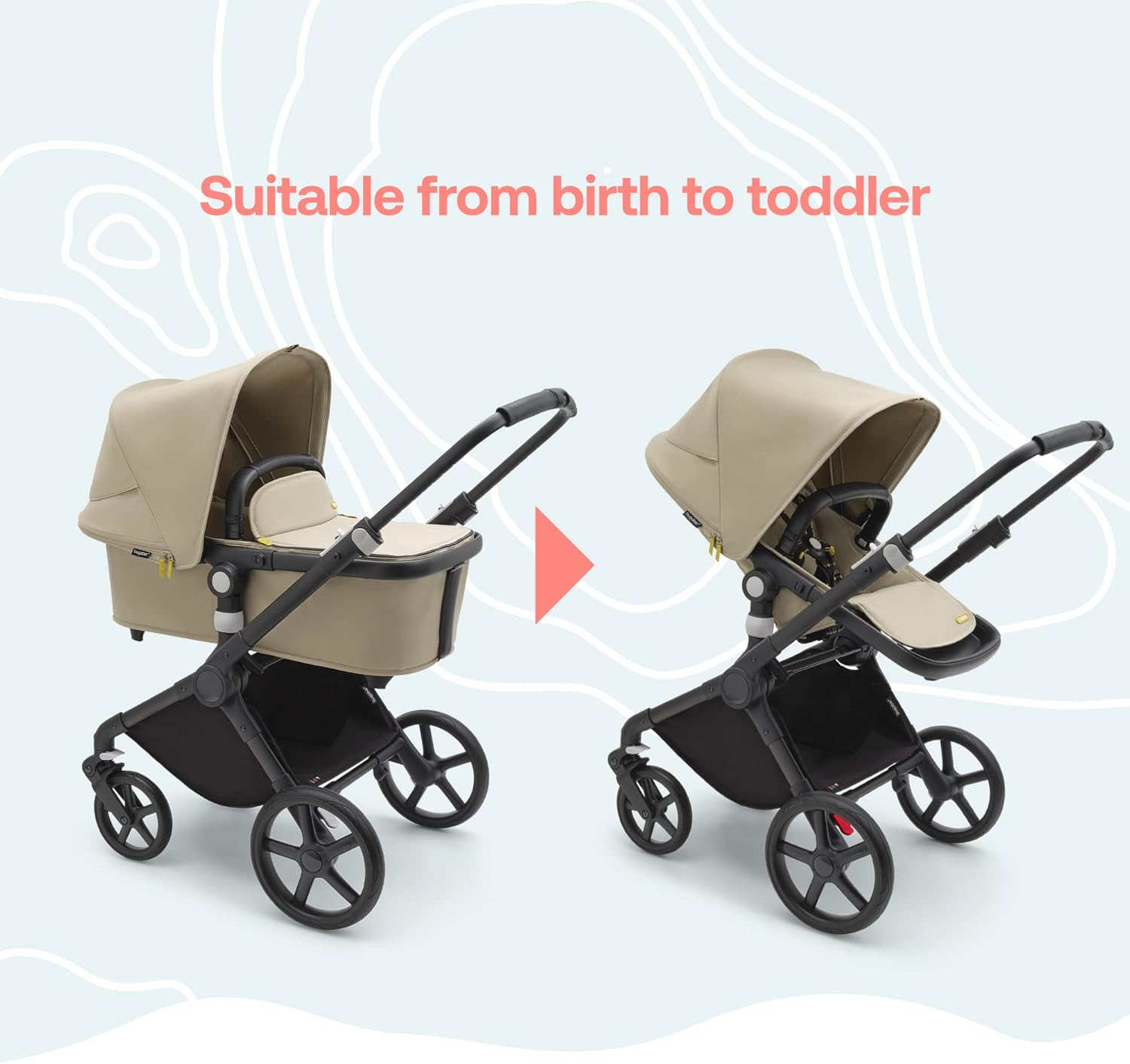 Bugaboo Fox Cub All-Terrain Stroller, Lightweight and Strong Pram and Baby Pushchair, Durable Design and Extra-Large Sun Canopy, One-Piece Self-Standing Fold, Desert Beige