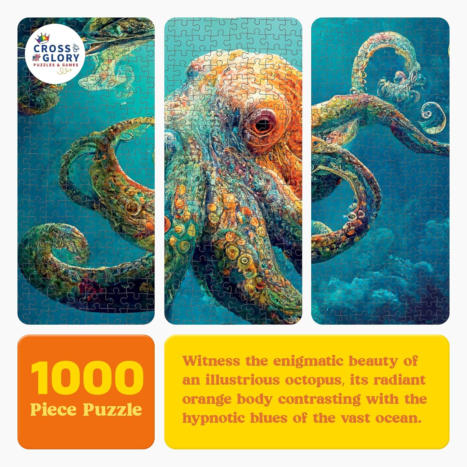 Deep Blue Octopus Odyssey: Premium 1000-Piece Jigsaw Puzzle for Adults - Best New Eco-Friendly Marine Artwork Puzzle - Unique Brain Teaser for Puzzle Enthusiasts by Cross & Glory image number 2