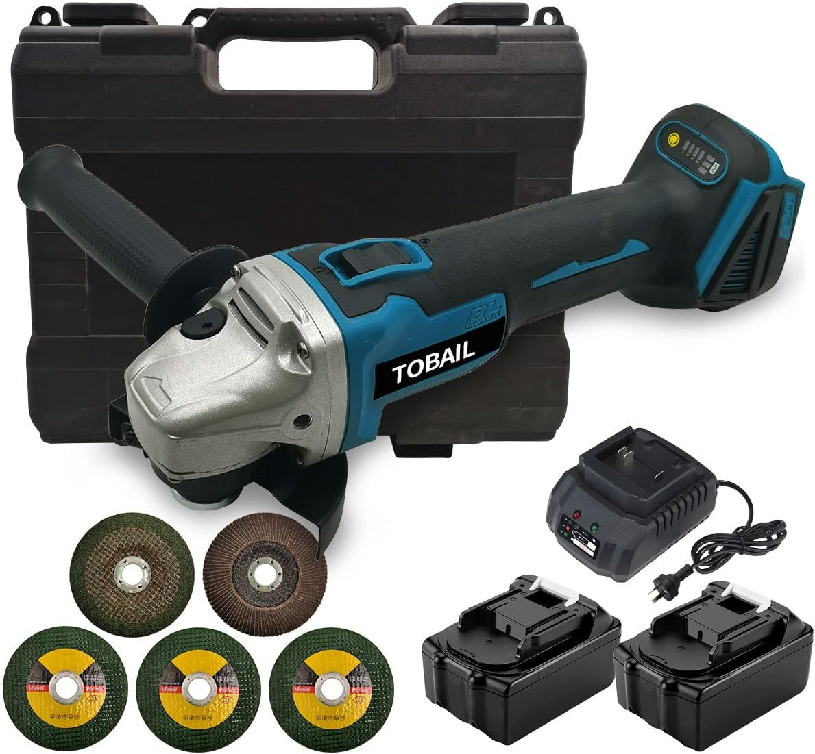TOBAIL Cordless Brushless 18V 125Mm Angle Grinder with 2 Li-Ion 3A Battery, 5 Disc, Battery Charger Angle Grinder Kit Carrying Case image number 1