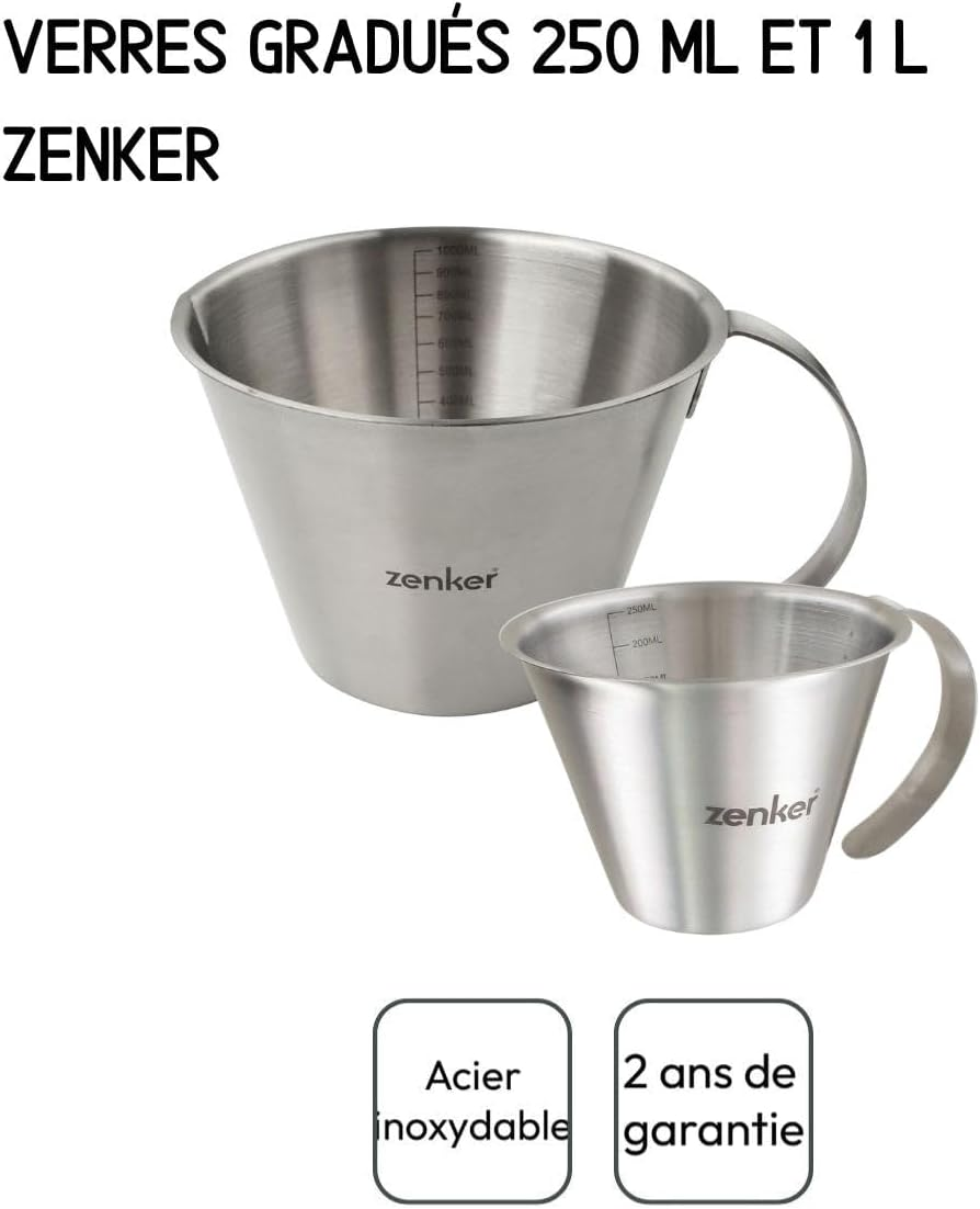 Zenker 9943250 Duo Measuring Cup with Scale, Measuring Cup for Liquids, Measuring Cup, Baking Glass, Stainless Steel, Silver, 250 Ml, 1000 Ml image number 2