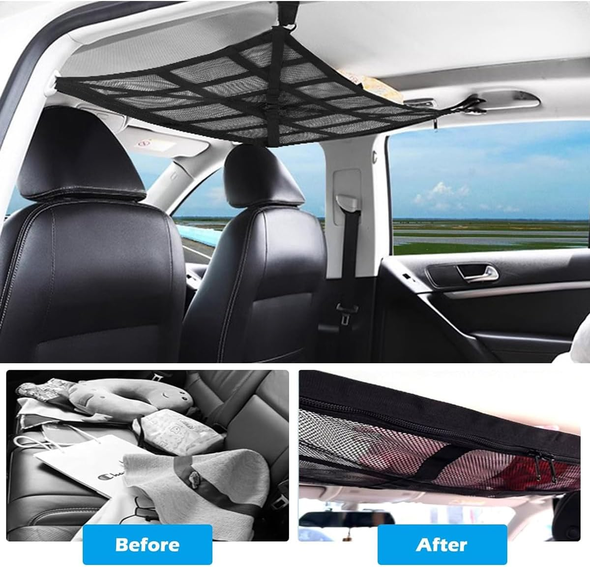 AIMALL Universal Car Ceiling Storage Net, Polyester Roof Cargo Mesh Bag, 35.4 X 25.6 Inches, Black, Ideal for Campervans and Car Organization image number 3