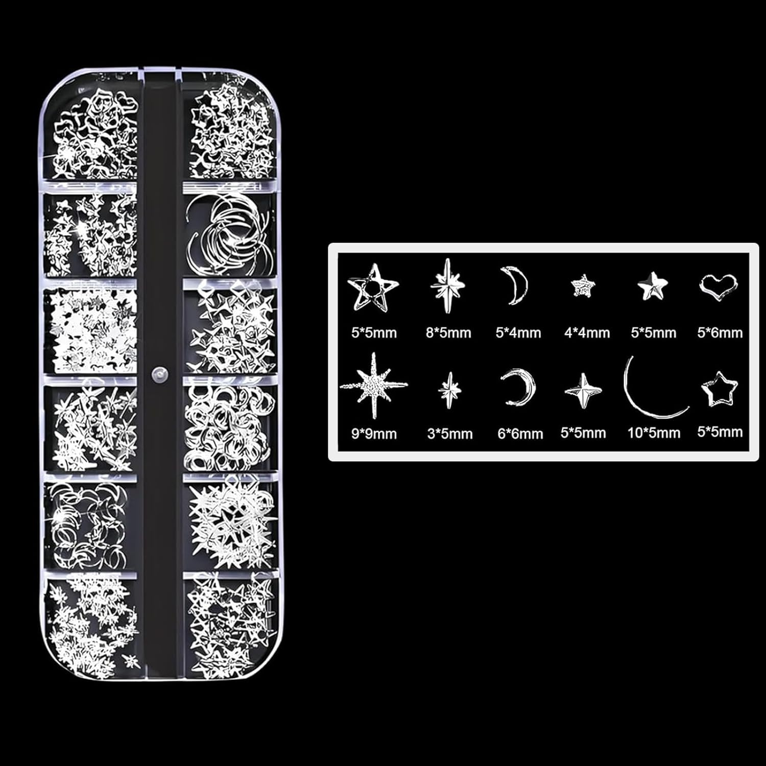 Yeanifeana 2 Boxes Nail Charms, Gold Silver Star Moon Sun Nail Jewelry Decorations, Nail Art Rhinestones for Women Girls DIY Manicure Crafting Decoration image number 5