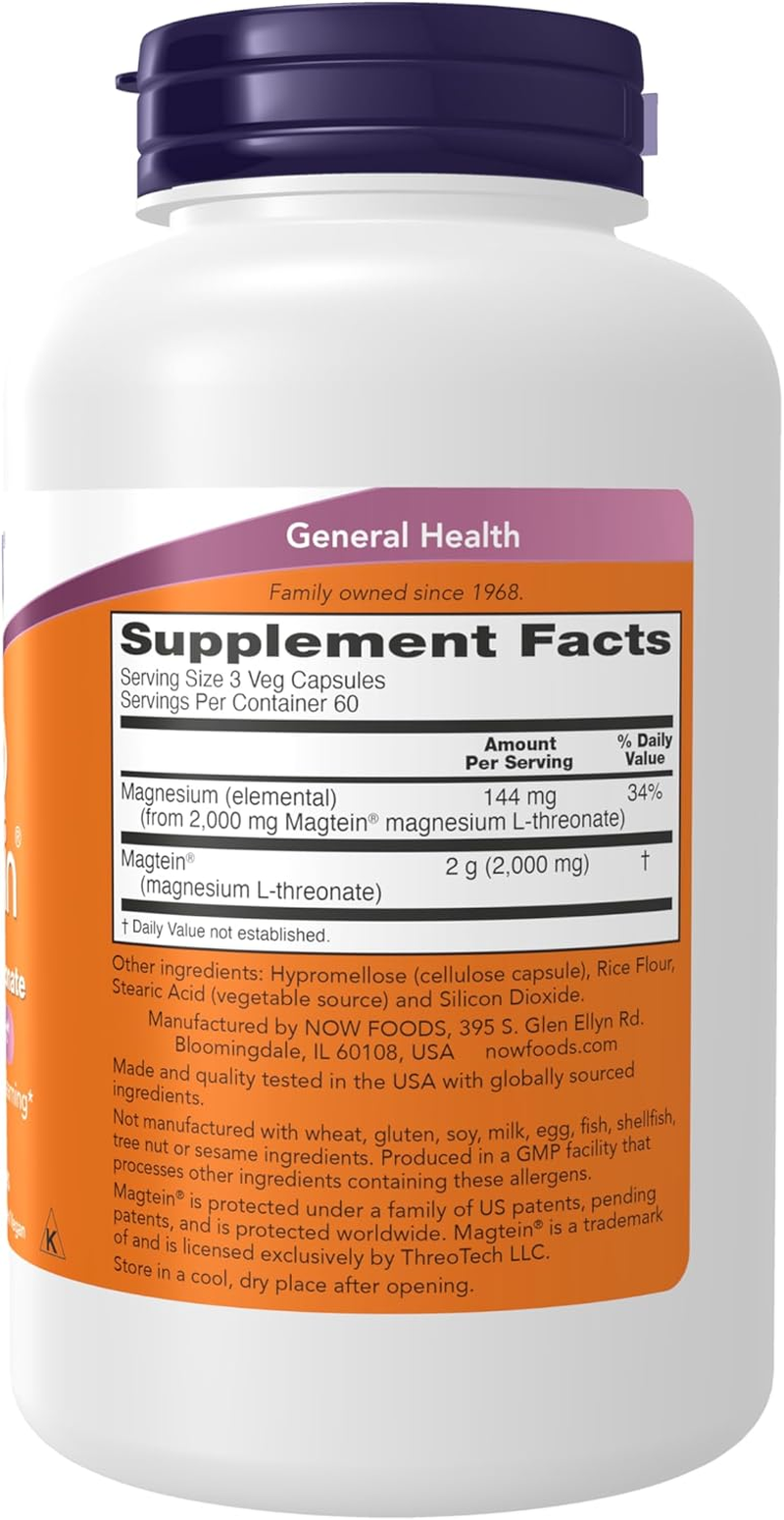 NOW Supplements Magtein, Magnesium L-Threonate, Cognitive Support*, 180 Veg Capsules image number 3