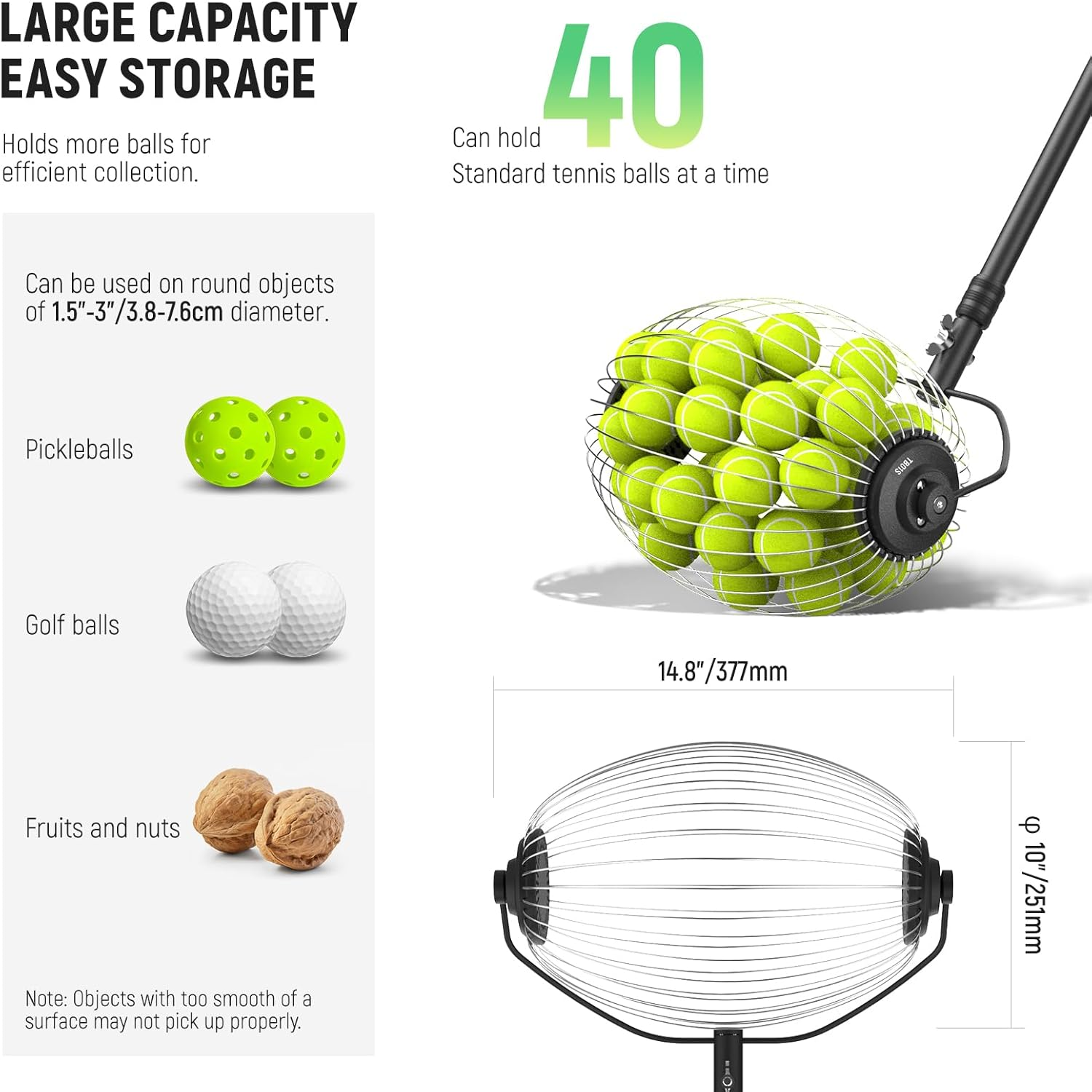 NEEWER Tennis Ball Pickleball Collector Roller, No Bending over Quick Rolling Picker for 1.5"-3" Tennis/Golf/Pickleballs, 30-58"/77-148Cm Telescopic Ball Retriever for up to 40 Tennis Balls, TB01S image number 6