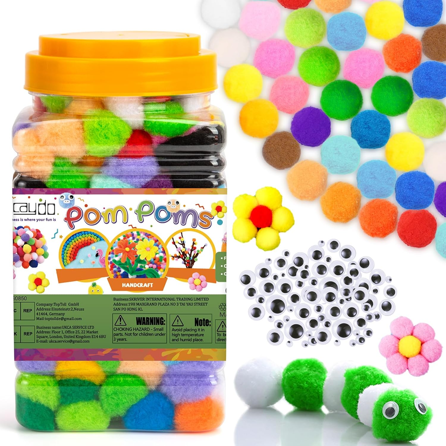 Caydo [400 Pcs] - 300 Pieces 2.5Cm Assorted Pompoms with 100Pieces Wiggle Eyes Multicolor Arts and Crafts Pom Poms Balls for Kids DIY Art Creative Crafts Decorations