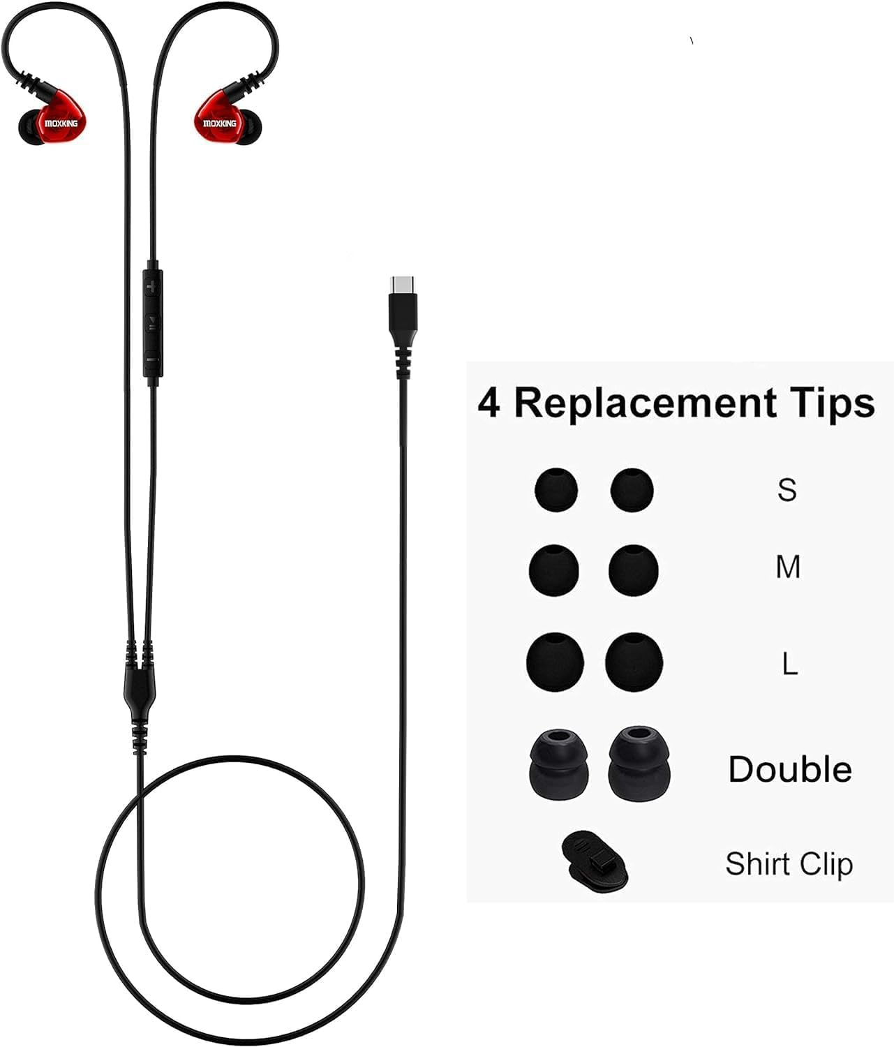 MOXKING USB C Running Sports Earbud, Type C Headphones Wired over Ear in Ear Headsets Enhanced Bass Stereo Earphones with Microphone and Remote Control for Running Jogging Gym (Red) image number 5