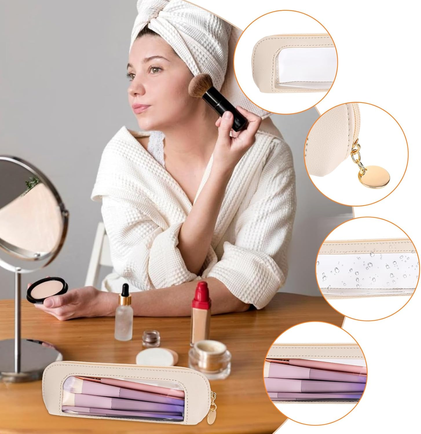 Mini Cosmetic Bag Transparent Beige Makeup Bag Storage Bag Small PU Mini Make up Bag Portable Cosmetic Bag Waterproof Cosmetic Bag Travel Organiser Women'S Make up Bag Small Beauty Bag, White - White image number 3