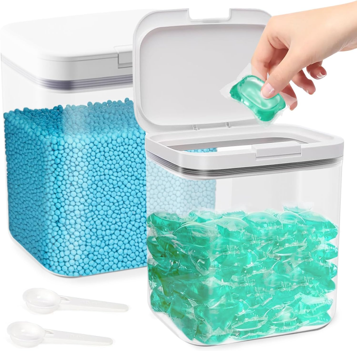 Mannicix Pack of 2 Containers for Detergent, Detergent Box with Spoon, Storage Box for Washing Powder, Laundry Detergent Storage, 2L Detergent Container for Washing Capsules, Bath Bombs image number 2