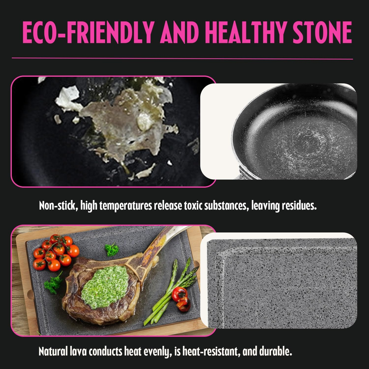 Artestia Extra Large Lava Stone for Cooking Steak, Hot Stone Plates Tabletop Grill, Sizzling Stone Grill Cooking Platter for Meat, BBQ Lava Steak Stones with Bamboo Platter (13.66"*8.93") image number 2