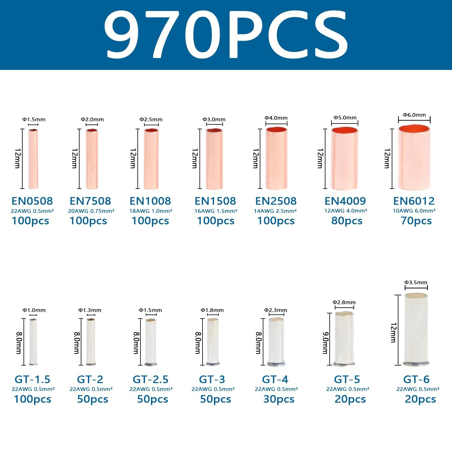 Aikoolwer Wire Ferrules Terminals Kit Tinned Copper 7 Sizes Crimp Connector Crimper Crimping Tool Non Insulated Electrical Cable Pin Cord End Assortment with 48Pcs Heat Shrink Tubing image number 4