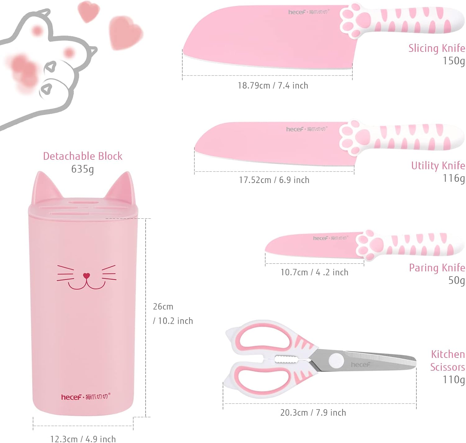 Hecef Cute Kitchen Knife Set,5-Piece Non-Stcik Knives Set with Detachable Block and Scissors,Sharp Kitchen Knives for Chopping, Slicing, Dicing and Cutting, Gift Housewarming Birthday (Pink) image number 2