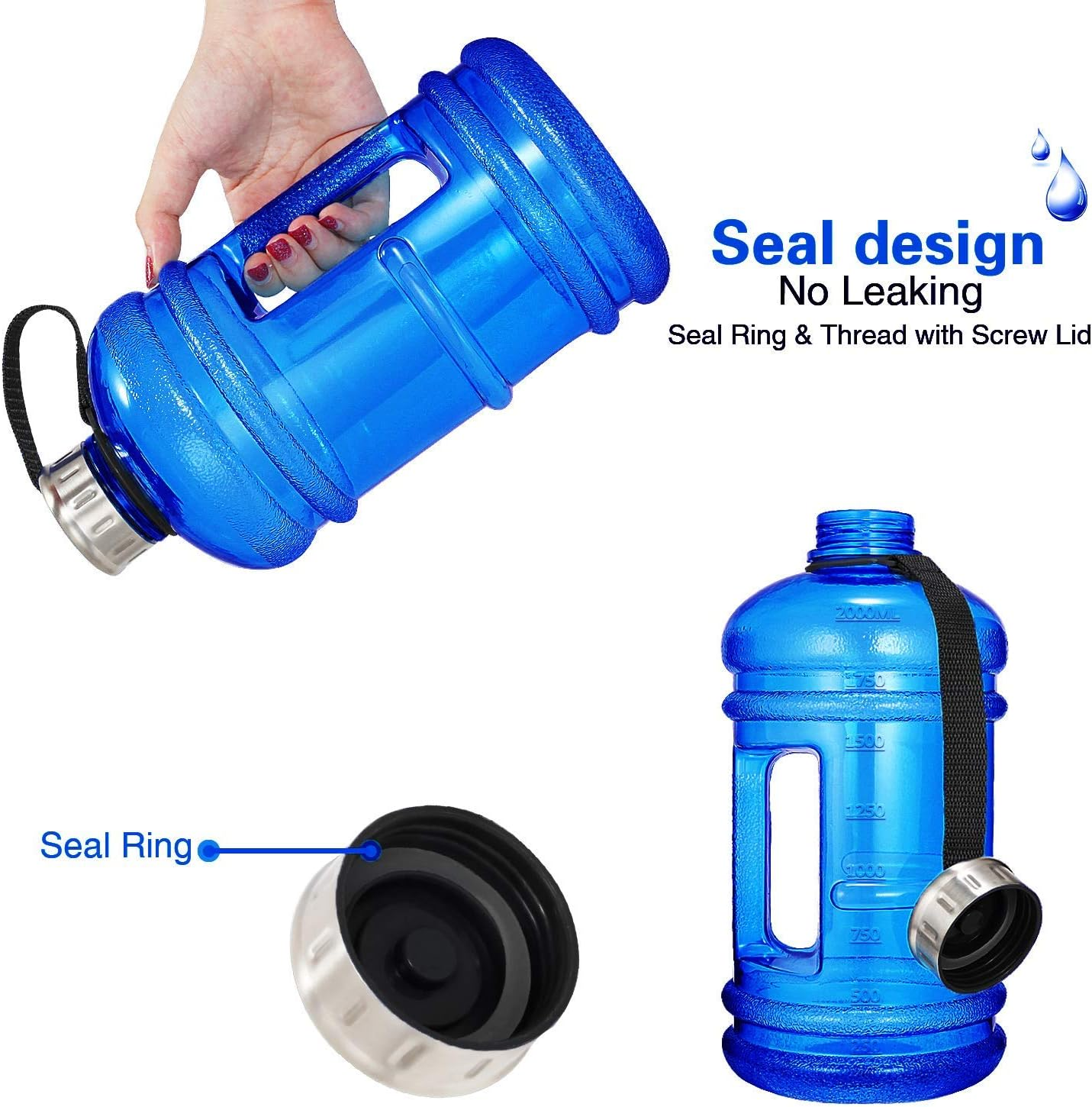 Vaupan Half Gallon Big Water Bottle, 2.2L/73 OZ Large Leak Proof Sports Jug with Handle,Huge BPA Free PETG Plastic Wide Mouth Drinking Container Flask for Fitness Gym Biking Travel Outdoor Water Jug image number 2