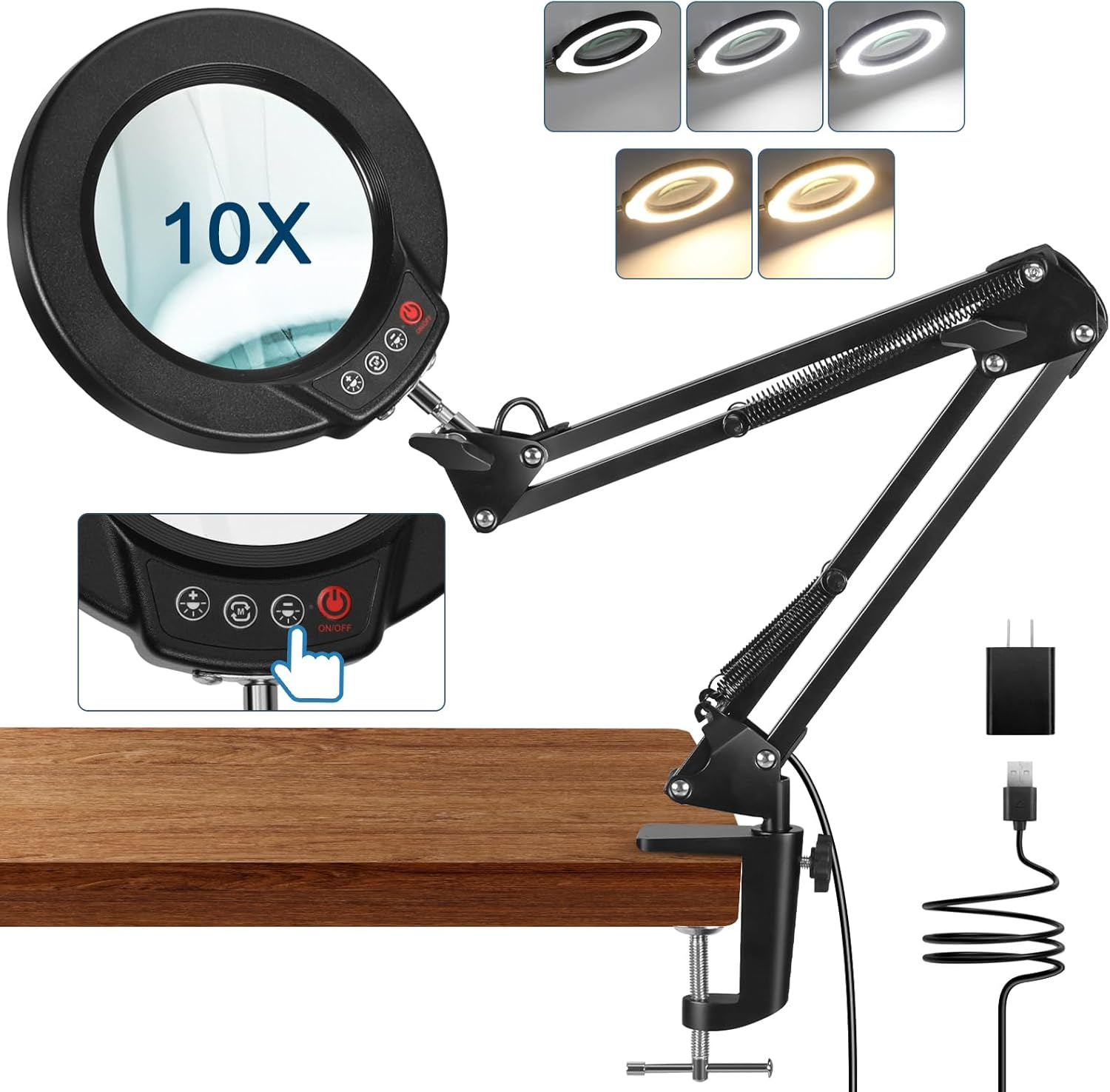 10X Magnifying Glass with Light and Clamp, 5 Color Modes Stepless Dimmable Real Glass Lighted Magnifier, Hands Free LED Magnifying Desk Lamp for Painting Craft Close Work Reading Repairing image number 4