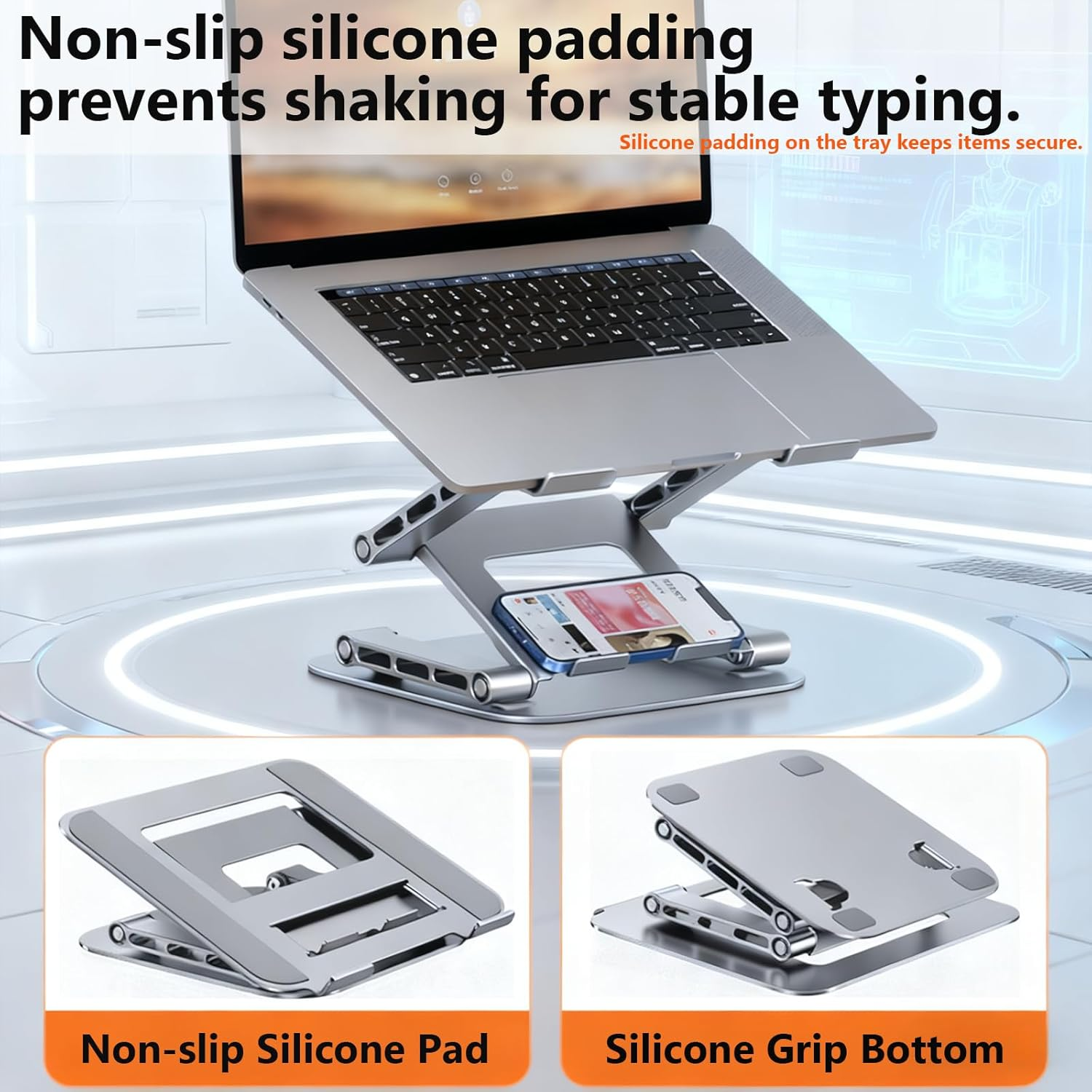 ALUCKKEY Laptop Stand for Desk, 360&deg; Swivel Base Foldable Laptop Riser and Phone Holder for up to 17.3 Inch Laptops Tablet, Pad, Good Posture Riser Compatible with Air, Pro, Dell, HP, Lenovo, Silver image number 6