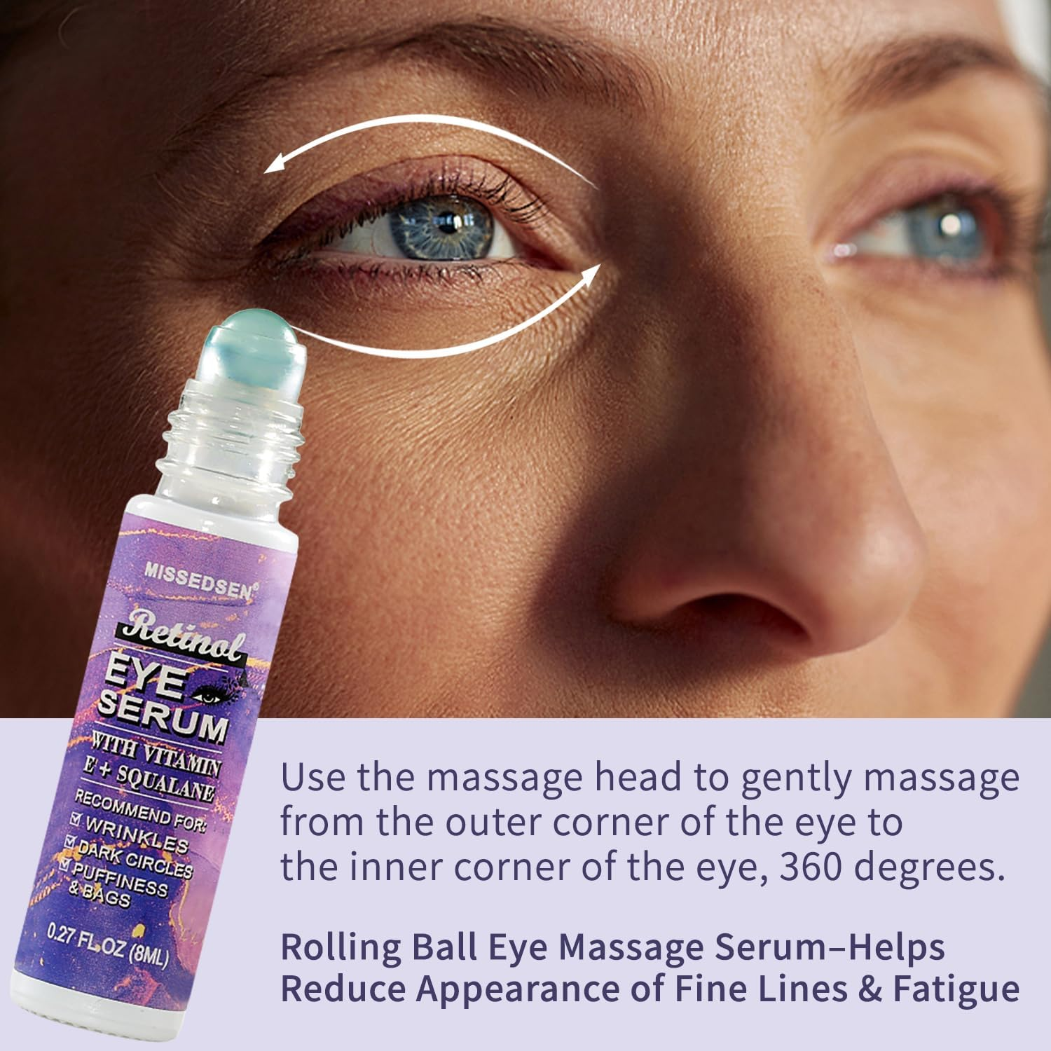 Eye Cream & Roller Serum Set with Retinol,Vitamin E,Squalane, Hyaluronic Acid for Dark Circles, Eye Bags & Fine Lines under Eyes, Brighten under Eyes,30G&8Ml image number 2