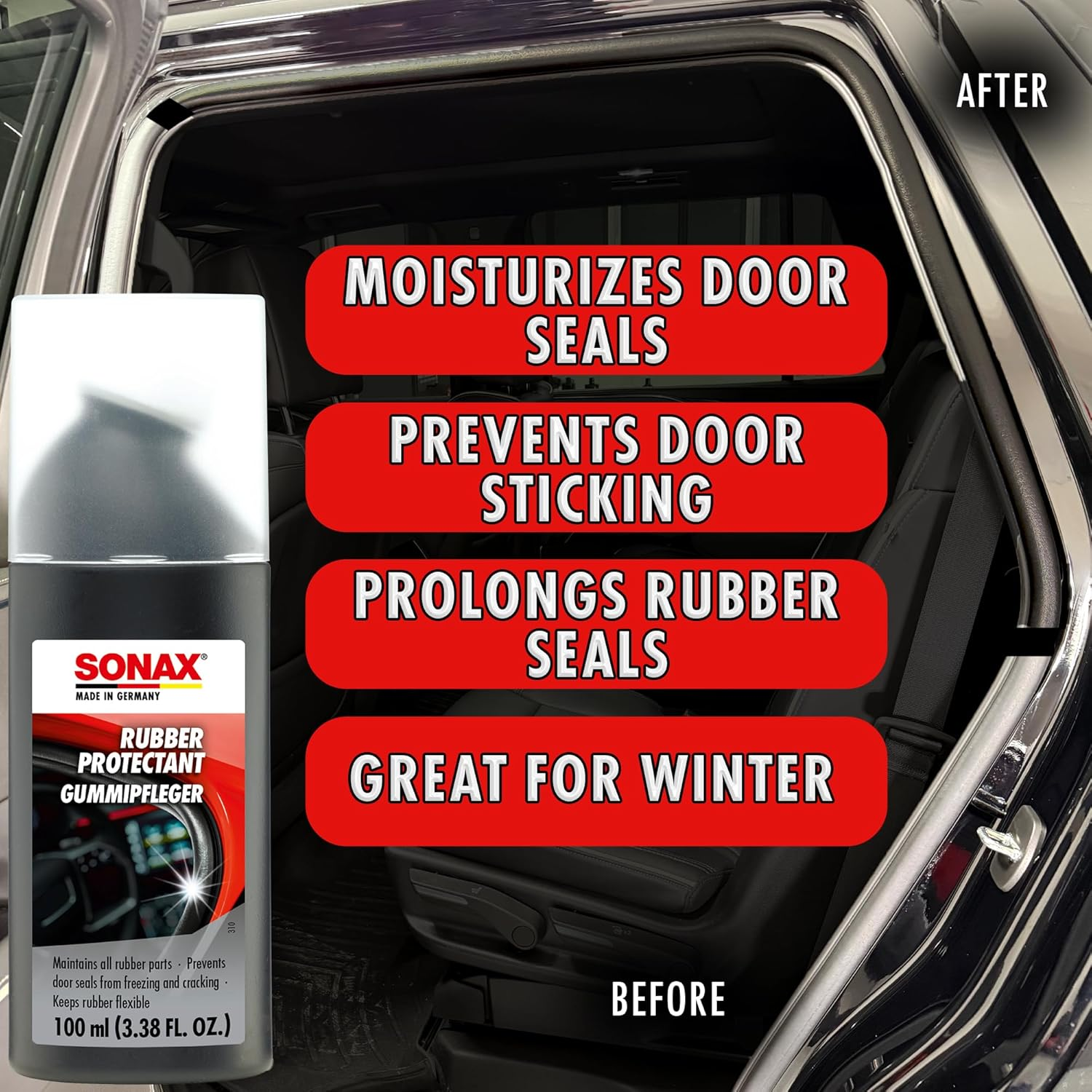 SONAX Rubber Protectant | Gummipfleger | Rubber Trim and Seal Conditioner | Prevents Sticking in Winter | Easy Application | Prolongs Rubber Seals | 340100 image number 1