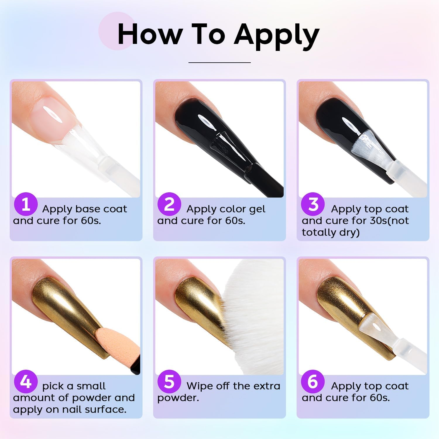 AIMEILI Hema Free, Cruelty-Free, Vegan,6 Boxes Nail Art Manicure Powder Set, 1 * 5G Holographic, 1 * 5G Chameleon Chrome, 4 * 5G Mirror Effect Nail Powder - Ncp002 image number 2