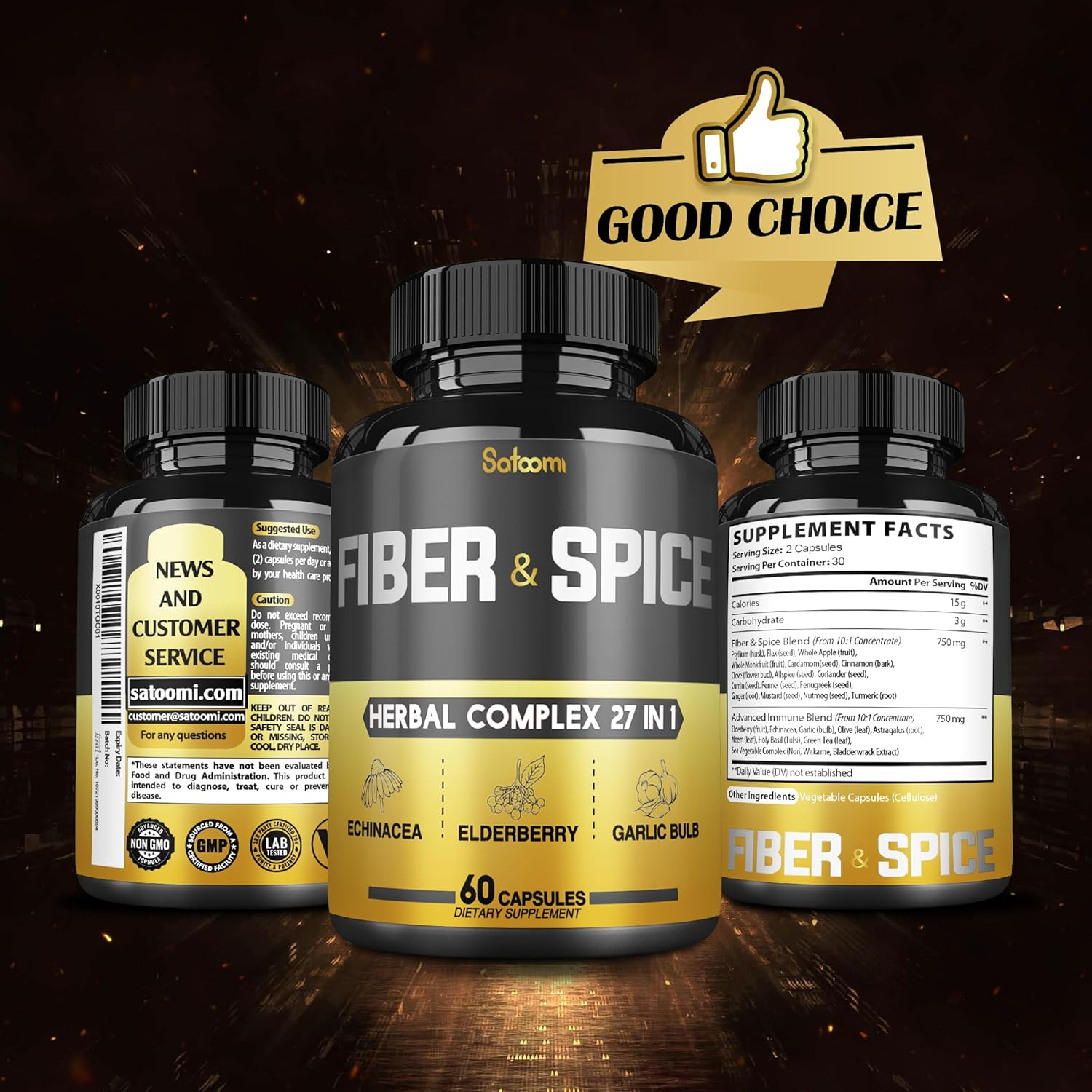 SATOOMI 27 in 1 Fiber and Spice Supplement - 60 Veggie Capsules - High Concentrated with Psyllium Husk, Flax Seed, Apple, Elderberry, Echinacea & More image number 2