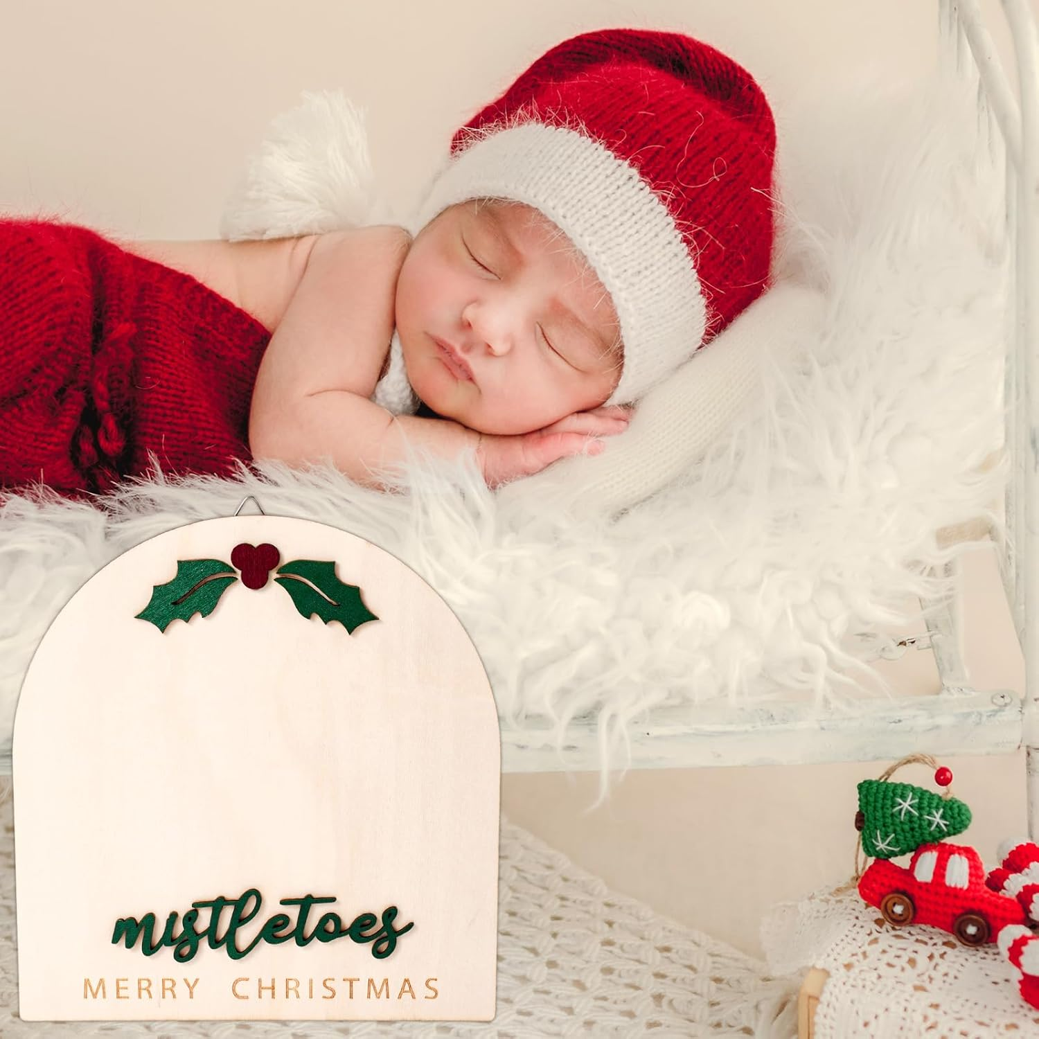 Christmas Baby Footprint Wooden Souvenir, 7.1X7.5In Wooden Baby Footprint with Green Inkpad for Baptism & Newborn Photoshoot Prop image number 6