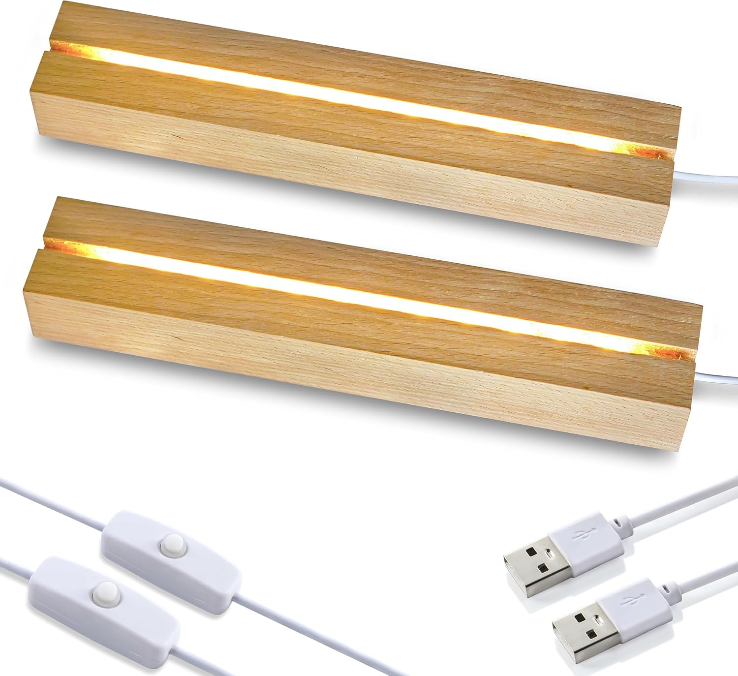 ZEERSHEE 2 Pcs 9.4 Inch Wooden Rectangle LED Light Display Pedestal for Acrylic and Plexiglass Crystal Glass Resin Night LED Light Lamp Base with USB Switch(Warm Light) image number 6