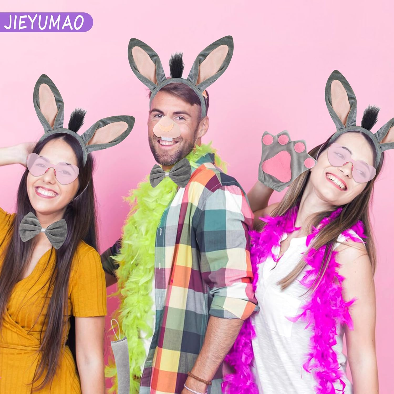 JIEYUMAO Donkey Costume Set, Donkey Costume Accessory for Women Men, Grey Donkeys Costumes with Donkeys Ears Headband Sunglasses Nose Tail Paws Bow Tie for Halloween Cosplay Party image number 5