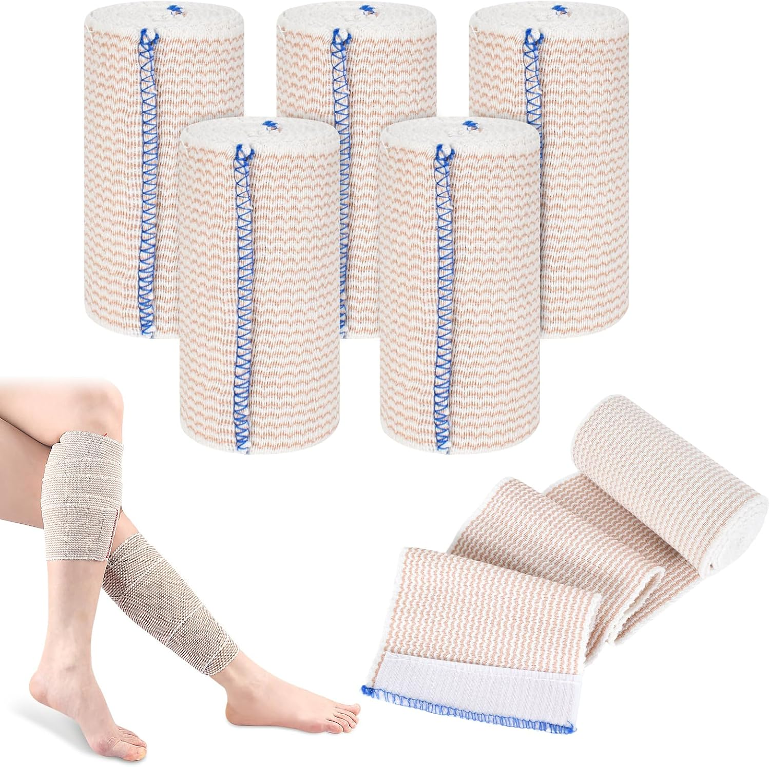 5 Pack Elastic Compression Bandage Wrap 10Cm*4.5M Elastic Bandage Wrap Reusable, Elastic Tubular Bandage for Knee, Premium Elastic Bandage Wrap with Self-Closures, Elasticated Bandage Wrap, Washable image number 2