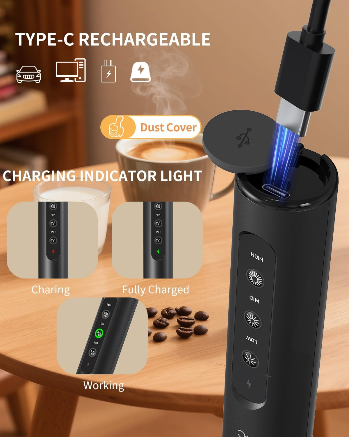 CIRCLE JOY Rechargeable Handheld Milk Frother Wand with 3 Variable Speeds, 3 Whisks and Storage Box, Electric Drink Mixer for Latte, Cappuccino, Hot Chocolate, Eggs and Protein Powder, Black image number 6