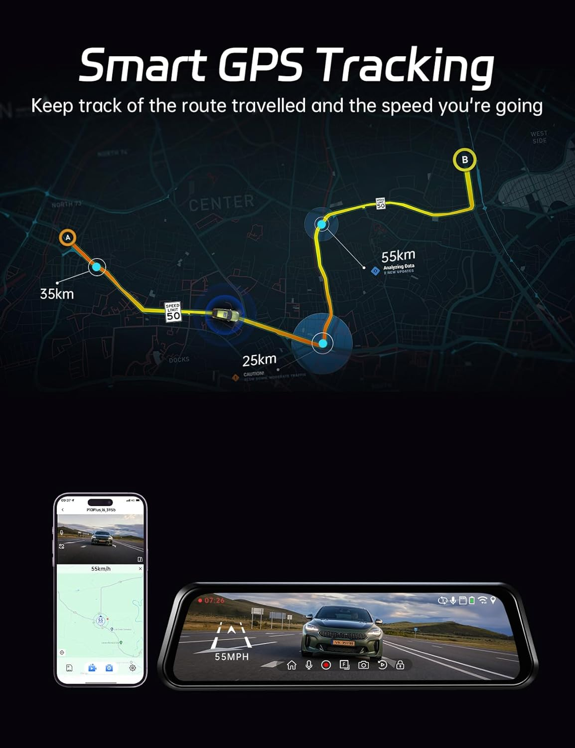 Pelsee P10 plus 4K Rear View Mirror Camera with ADAS and BSD, 5.8Ghz Wifi Mirror Dash Cam Front and Rear, Backup Camera for Car, GPS, 64GB Card Included, WDR Night Vision, Voice Control, 10&rdquo; Display image number 6