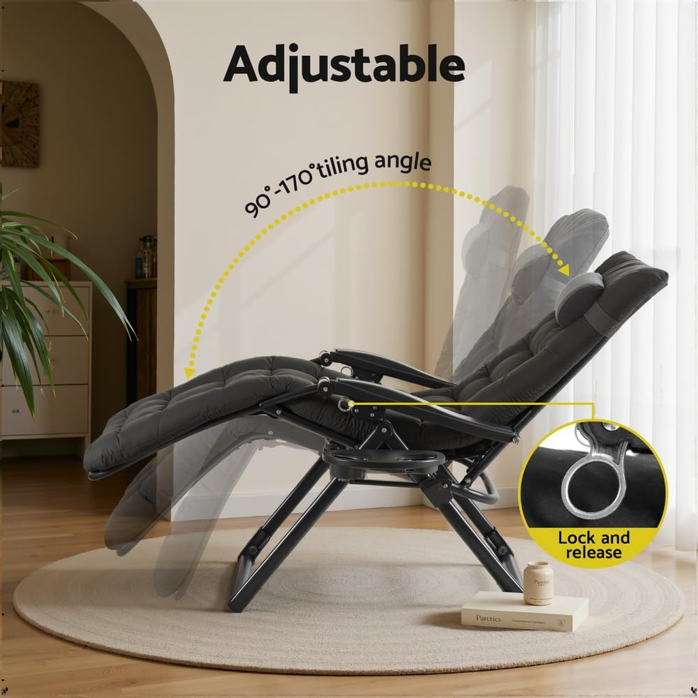 Gardeon Sun Lounge, Folding Camping Chair Lounger Day Bed Chaise Beach Chairs Outdoor Furniture Garden Patio Setting Pool Backyard, with Cotton Padded Seat Armrest Adjustable Backrest All Black image number 5