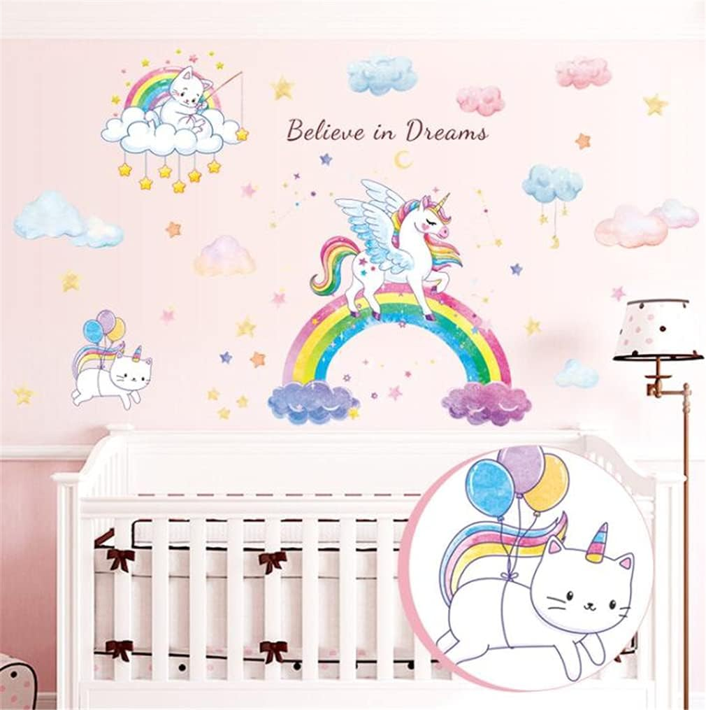 Rainbow Unicorn Wall Decals, Large Size Removable Unicorn Wall Decal Stickers with Cute Cat Kitty Clouds Stars Art Decal, DIY Home Wall Decor Stickers for Girls Bedroom Baby Nursery Kid Birthday Party image number 4