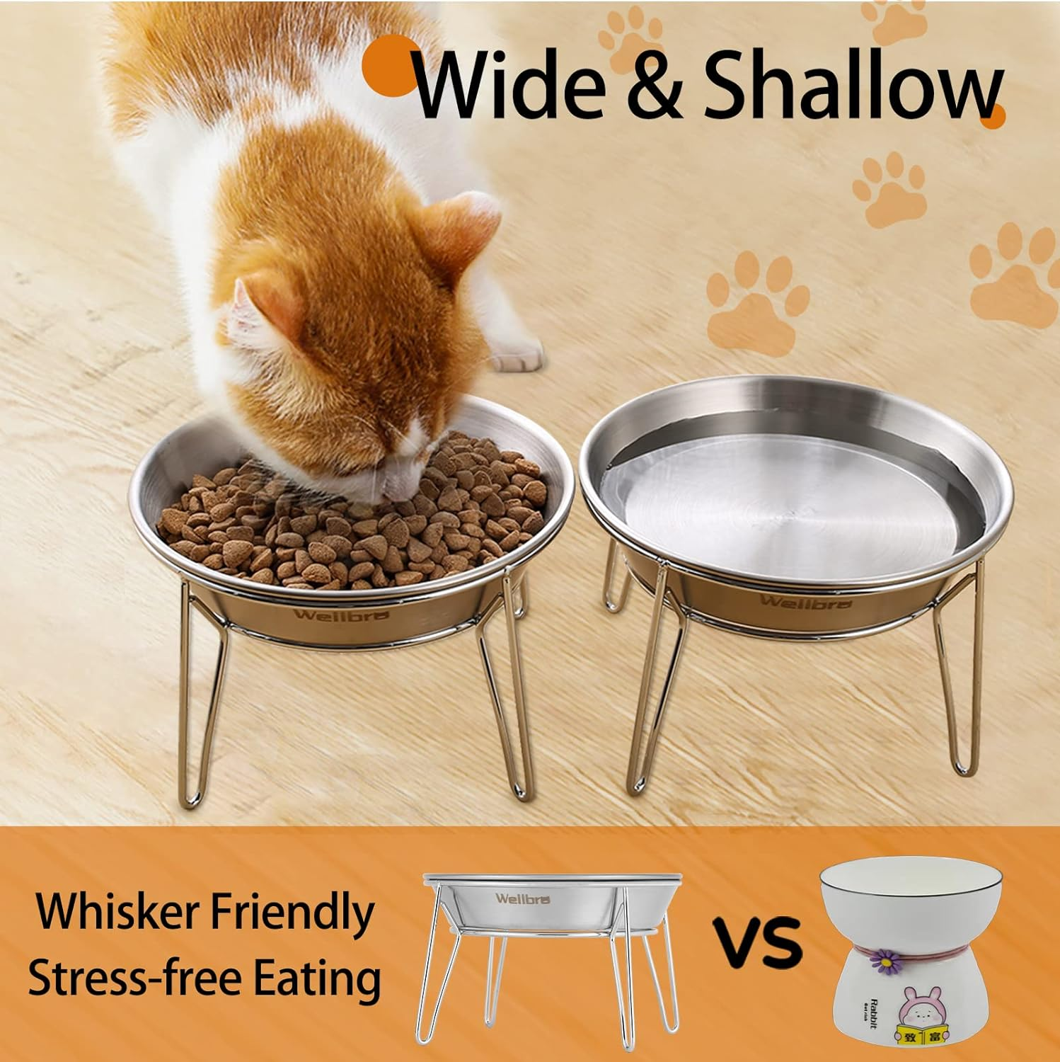 Wellbro Elevated Cat Bowls, 5.9 Inch Wide Stainless Steel Cat Food Bowls with Metal Stand Whisker Stress-Free, Raised Food and Water Dish for Cats, Kitten, Puppies and Small Dogs-2 Pack - Silver image number 5
