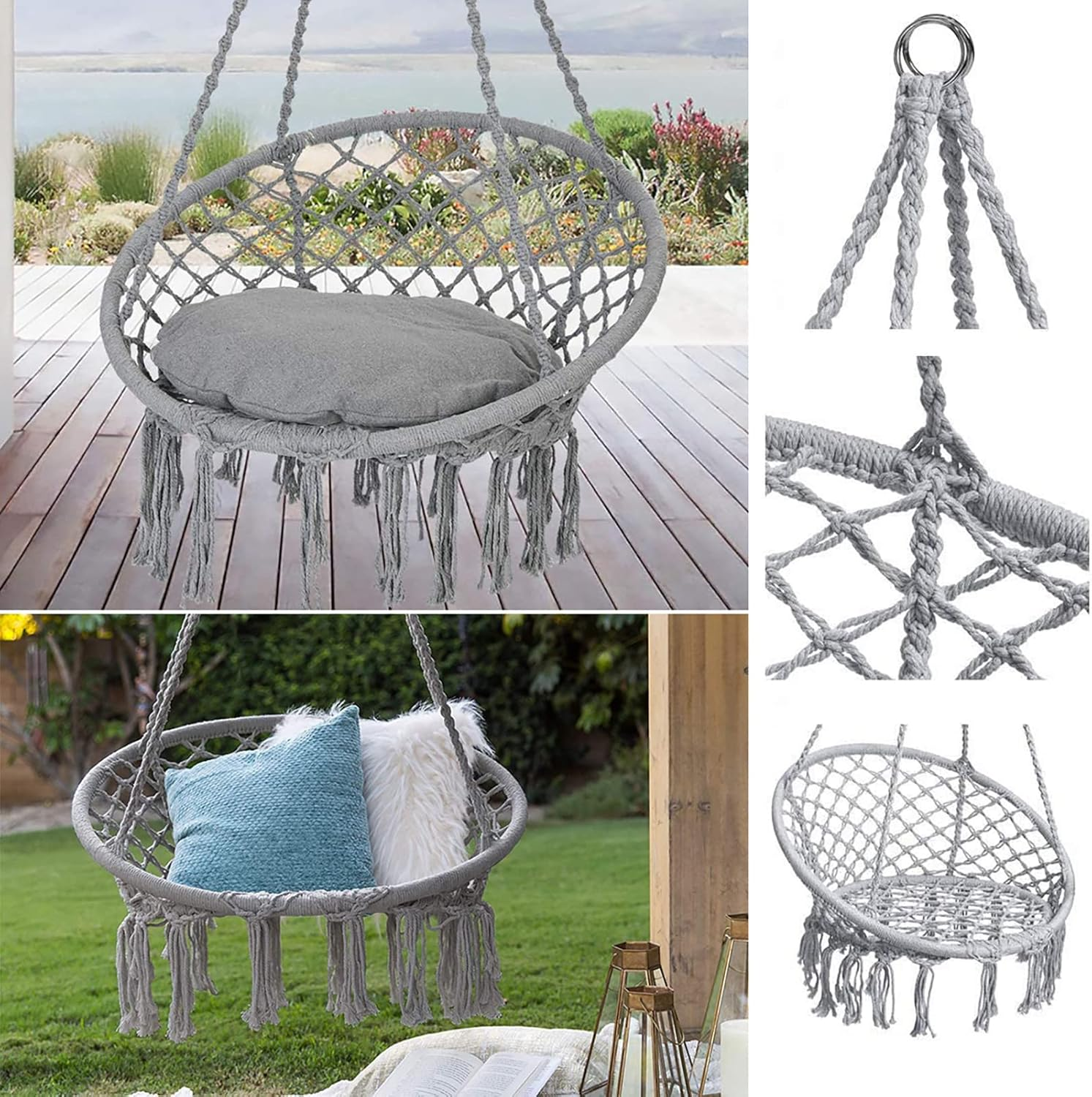 Hammock Chair, TOPIND round Hanging Macrame Swing, Handmade Knitted Cotton Rope Hammock Swing Chair with Hardware Kits, Capacity 330 Lbs, for Indoor, Outdoor, Bedroom, Patio, Yard, Deck, Garden (Grey)