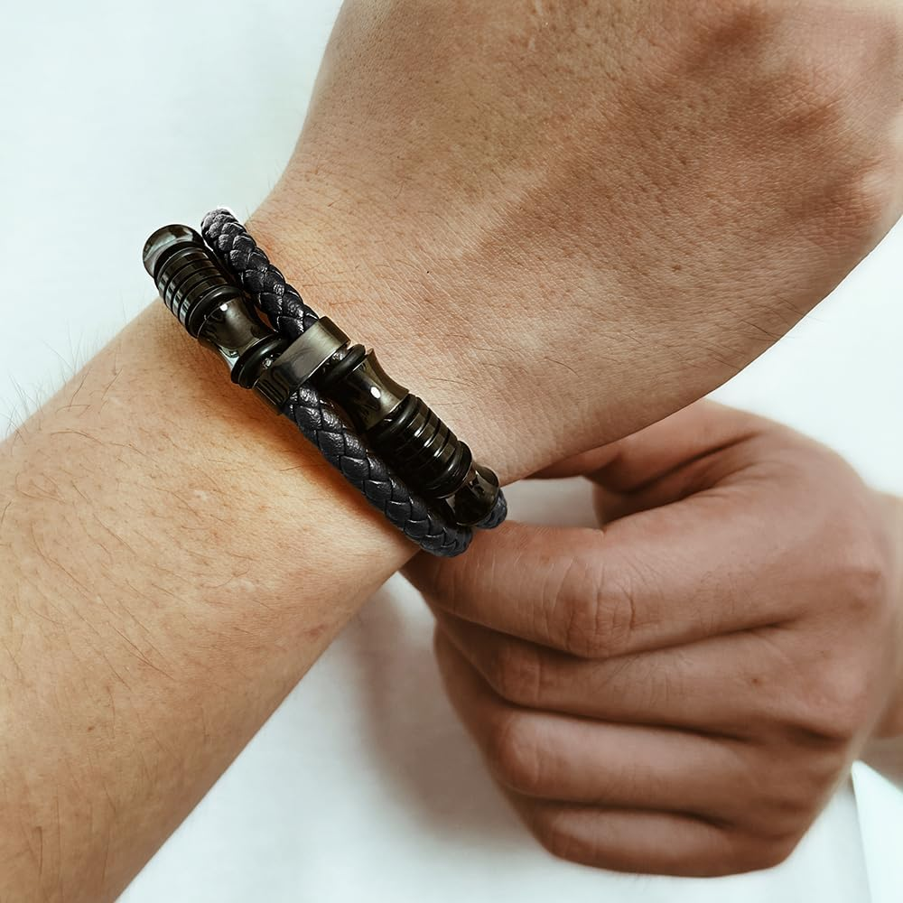 HEIX Men'S Premium Leather Bracelet Magnetic Stainless Steel Clasp in Dark Blue and Brown Great Gift Idea for Men & Boys Jewelry (Black) - Black, 19.0 Centimeters image number 2