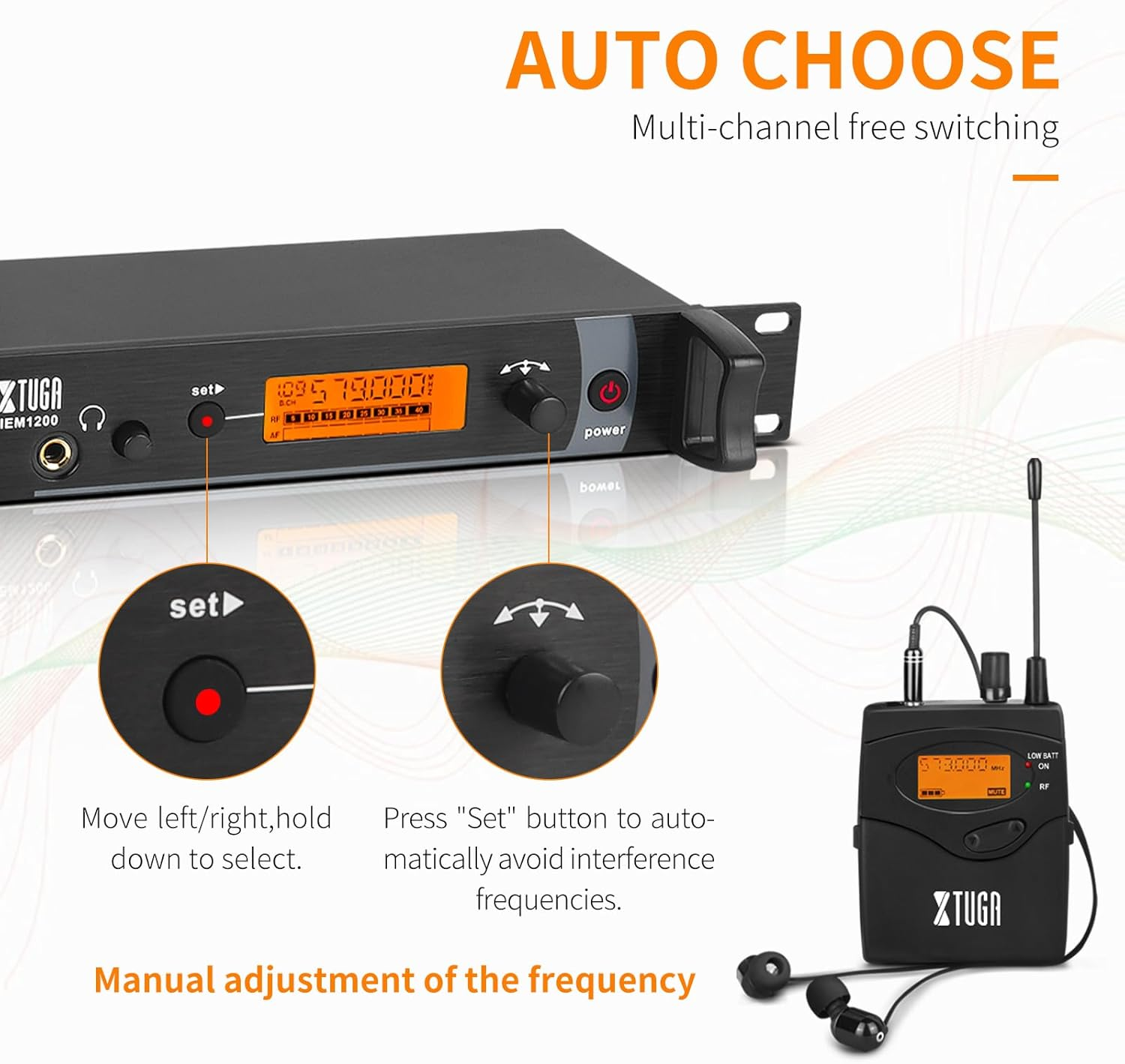XTUGA IEM1200 UHF Mono Wireless in Ear Monitor System 2 Channel 5 Bodypacks Monitoring with in Earphone, 40 Frequencies, Rack Mountable, up to 300Ft Operation, Suitable for Church and Band image number 3