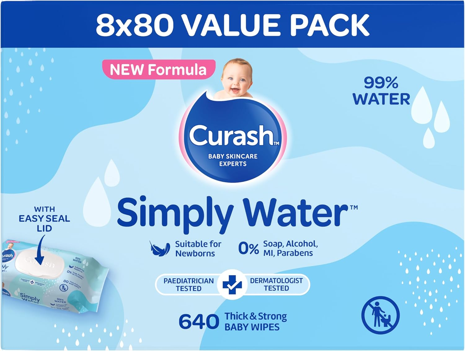 New Formula Curash Simply Water Baby Wipes, 8X80 Pack, Suitable for Newborns, 99% Purified Water, No Soap, Alcohol or Parabens, Thick & Soft Texture, Everyday Cleansing and Nappy Changes, 640 Wipes image number 3