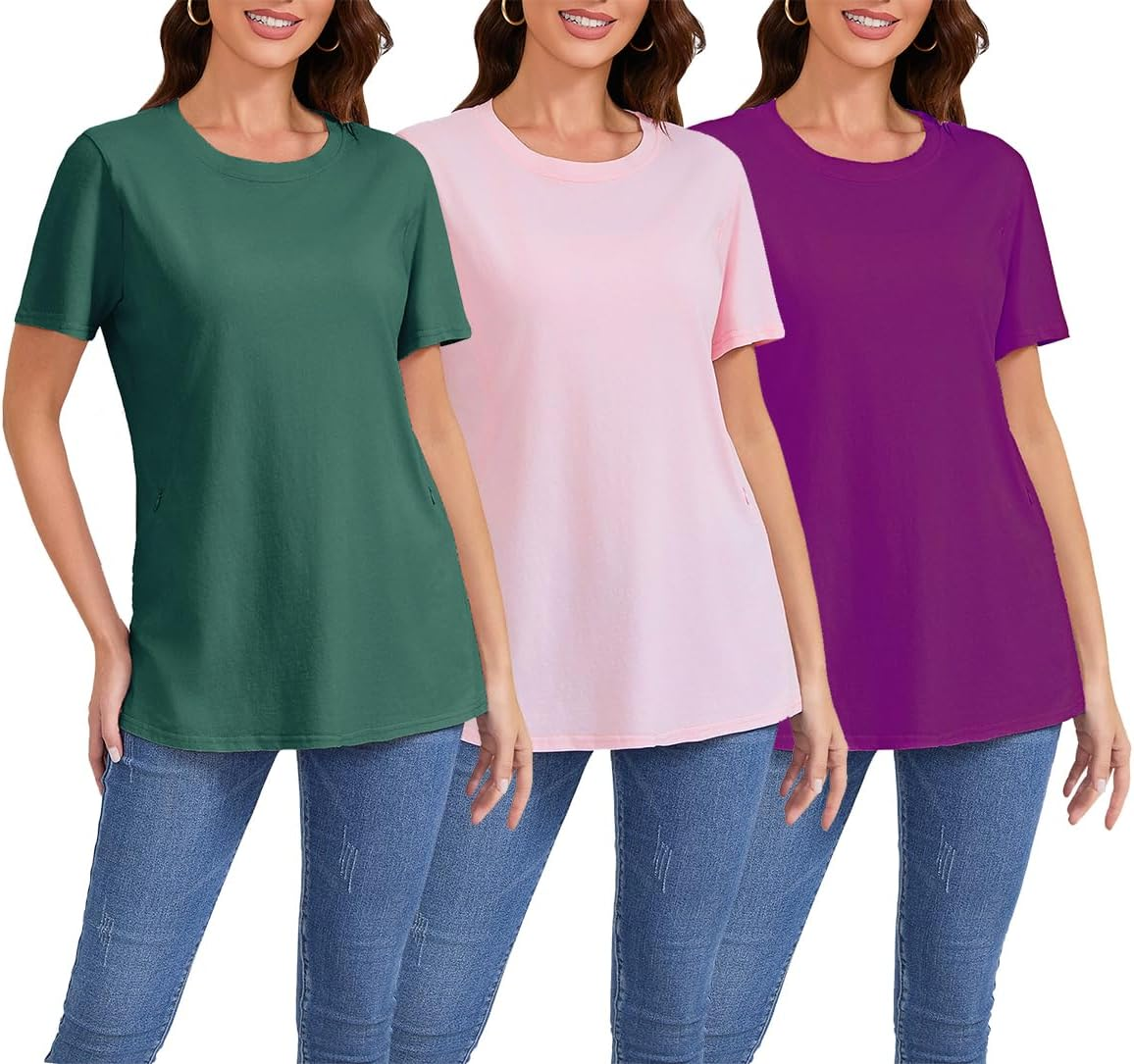 Women Maternity Tops 3 Packs Comfort Breastfeeding Nursing Friendly Zip Tshirt Pregnancy Clothes image number 2