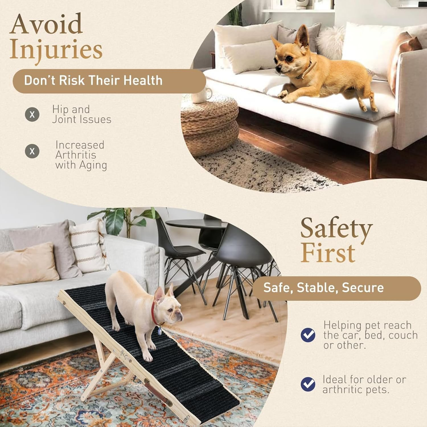 Dog Ramp, Adjustable Portable Folding Pet Stairs for Bed, Couch & Car, Non-Slip Wooden Surface, 83Cm Long, Supports Small to Large Dogs, Elderly Pets (Black, 83Cmx30Cm)