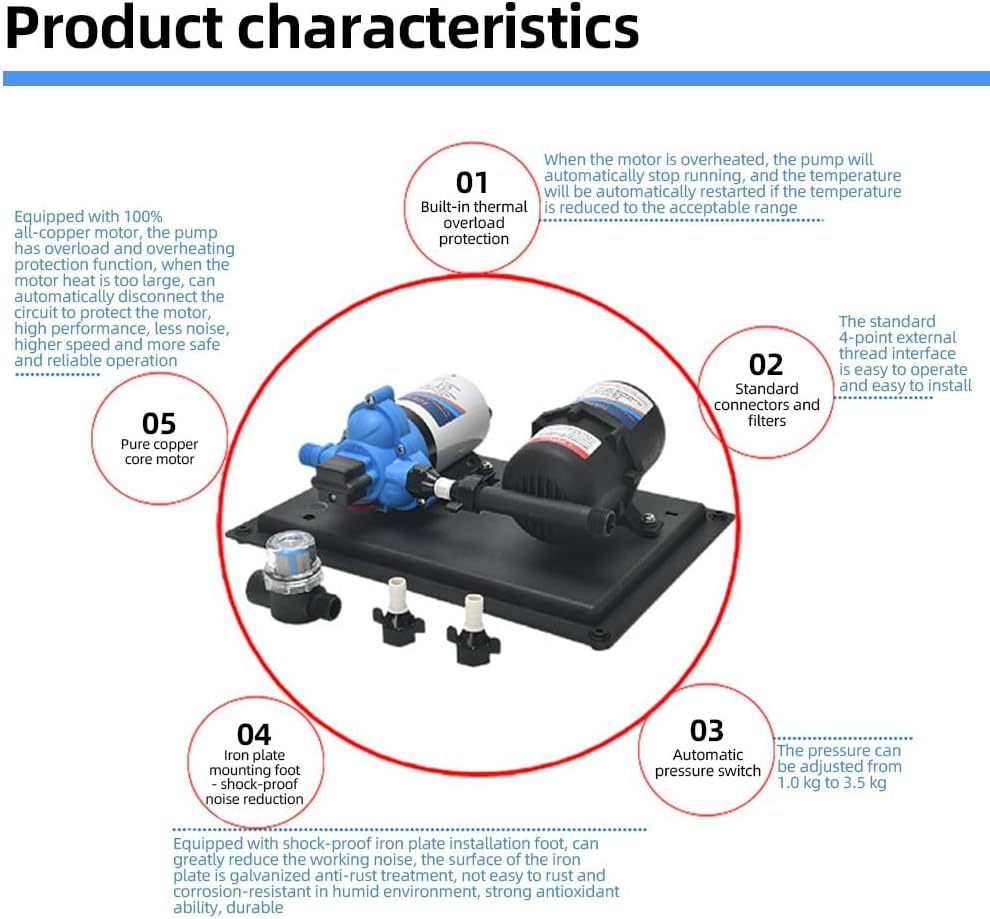 RV Water Pump DC 24V 3.5GPM 13.5L/Min 45PSI Fresh Water Diaphragm Pump Built in on Demand Pressure Switch with Pressure Tank for Boat Travel Trailer RV Kitchen Bathroom Water Diaphragm Self Priming image number 6
